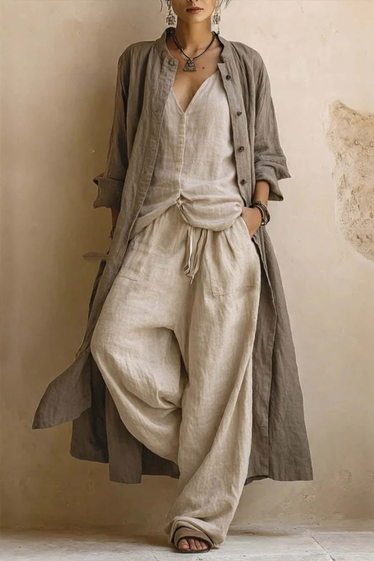Cotton Linen Three Piece Set with Bohemian Style