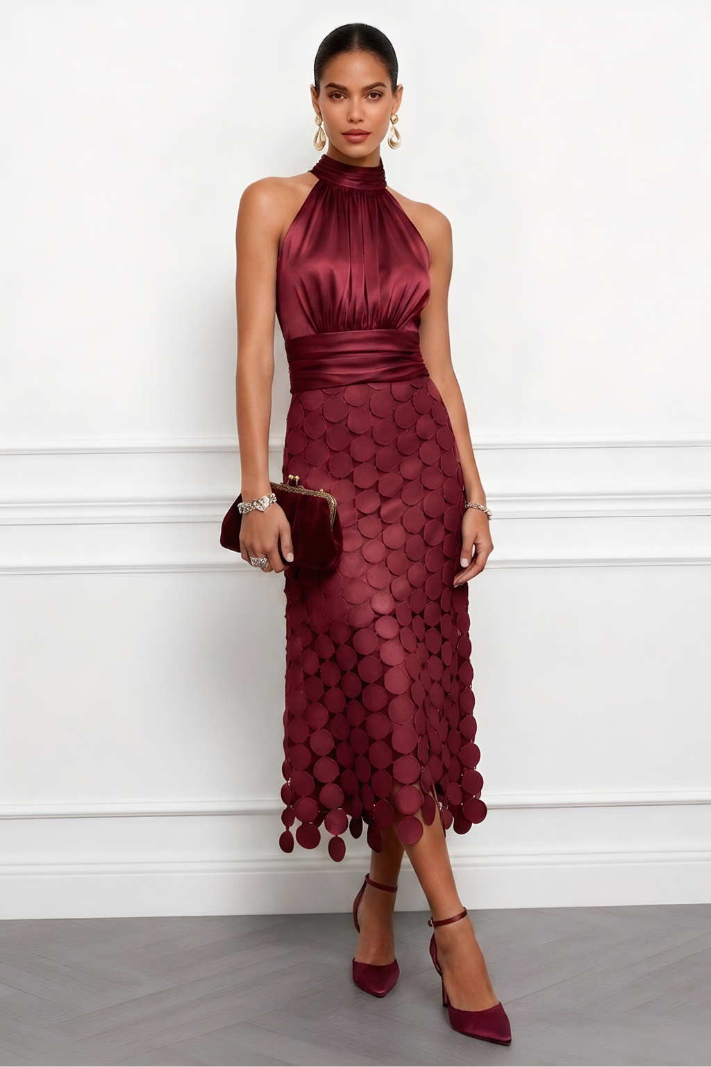 Purplish Blue Ruched Halter Midi Dress