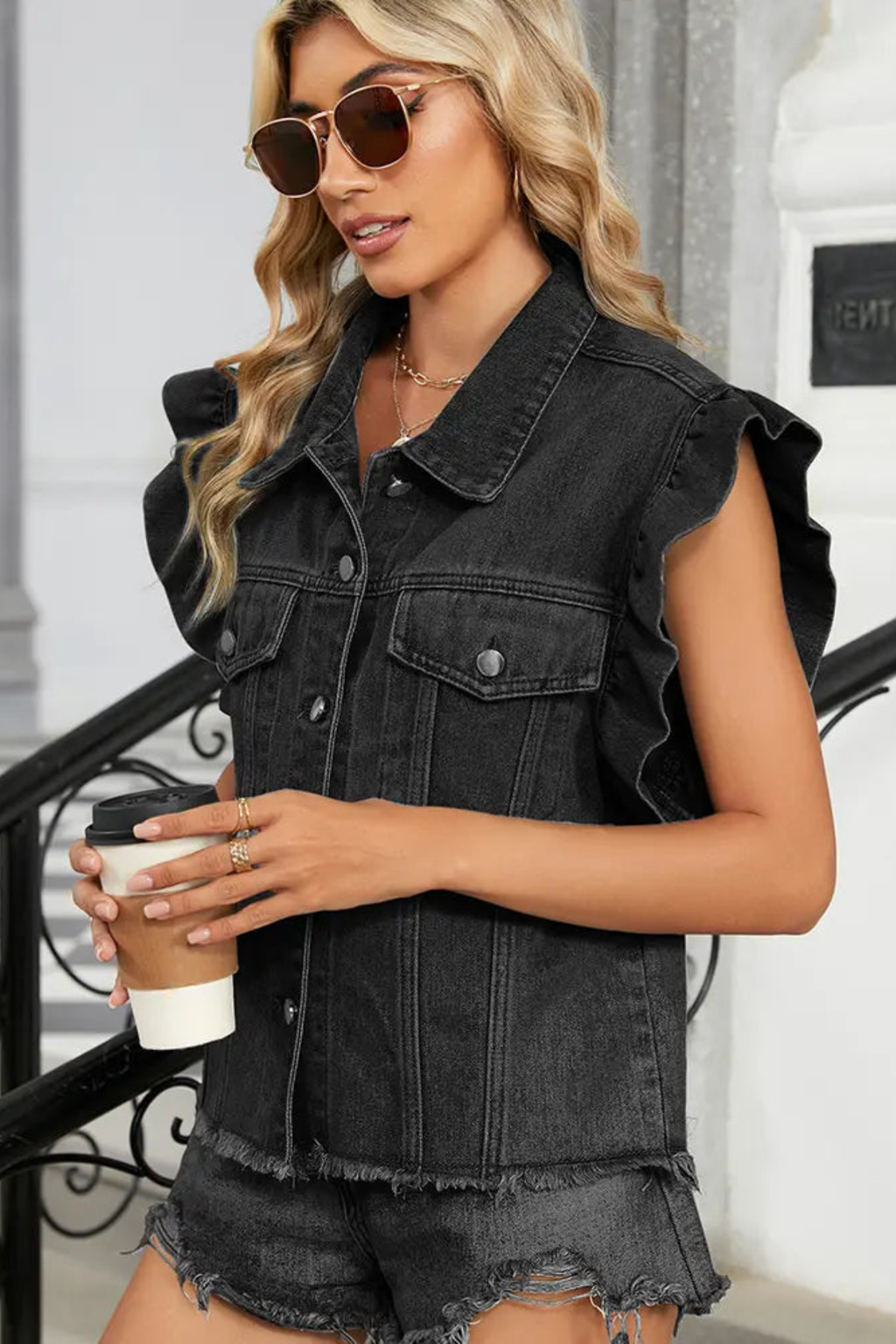 Washed Ruffle Edge Layering Vest