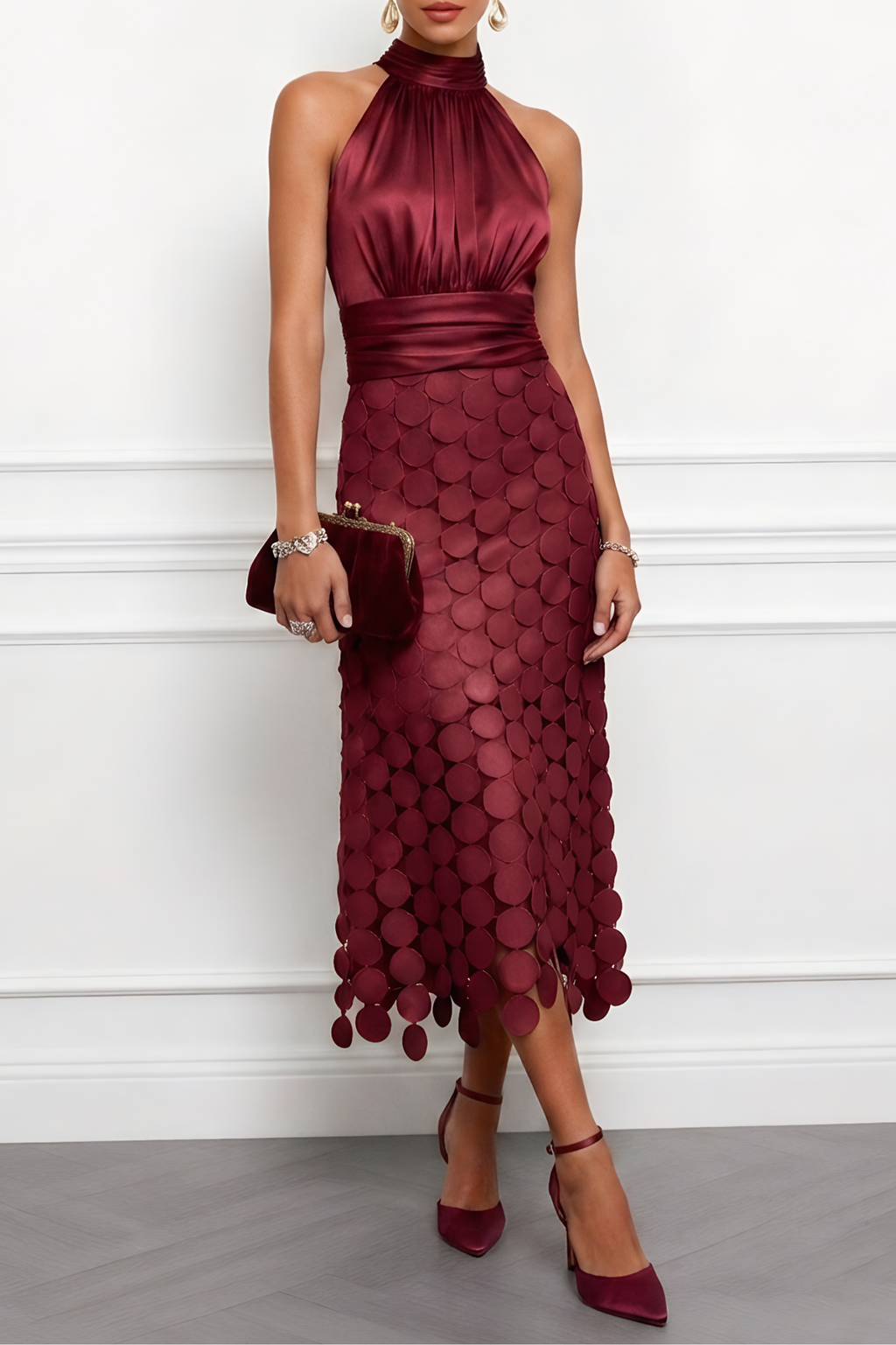 Purplish Blue Ruched Halter Midi Dress