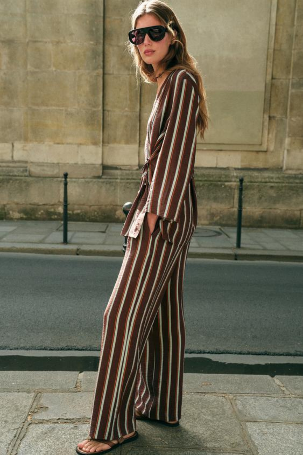 Striped Wrap Top Wide Leg Pants Set