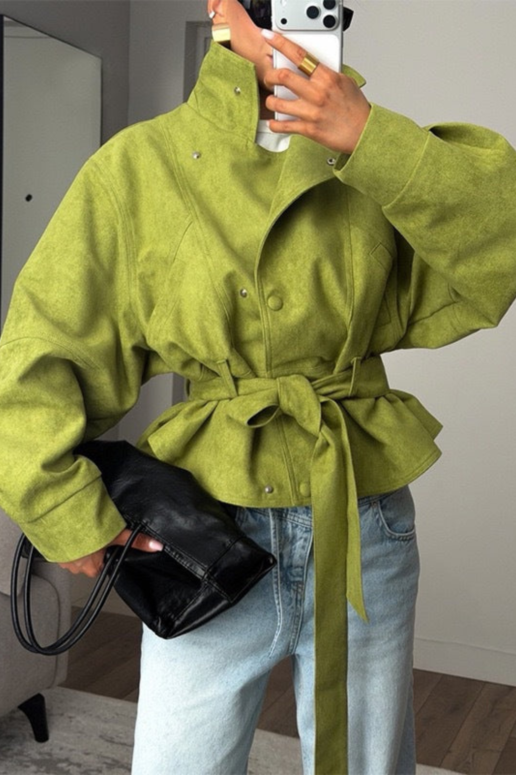 Belted High Neck Panel Jacket