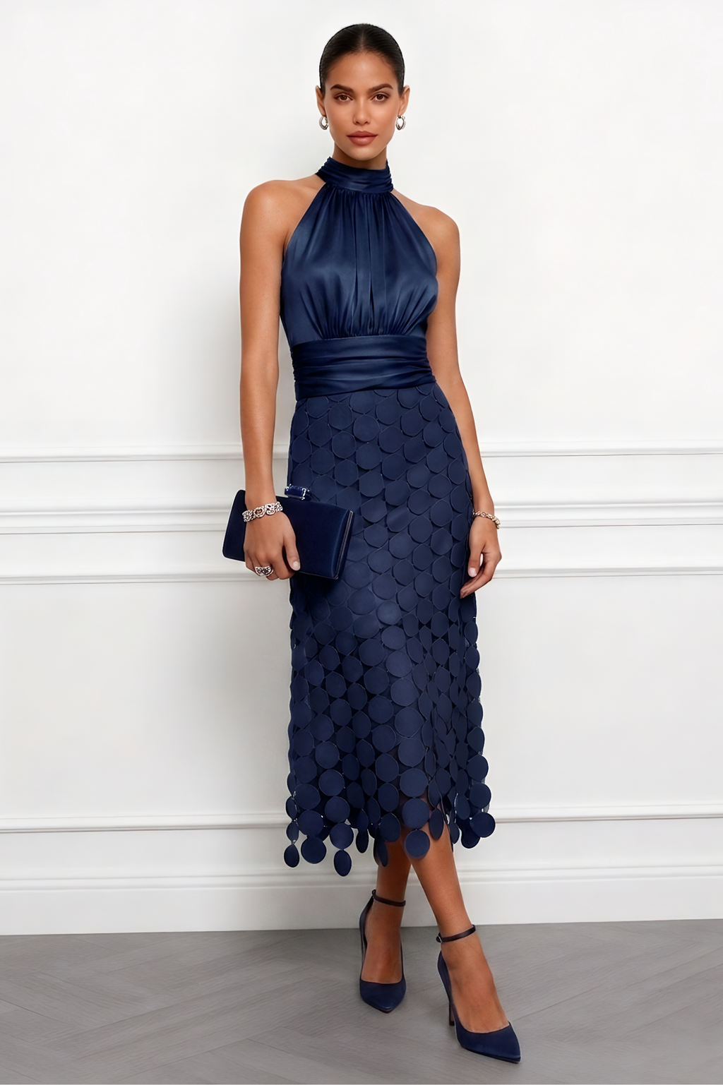 Purplish Blue Ruched Halter Midi Dress