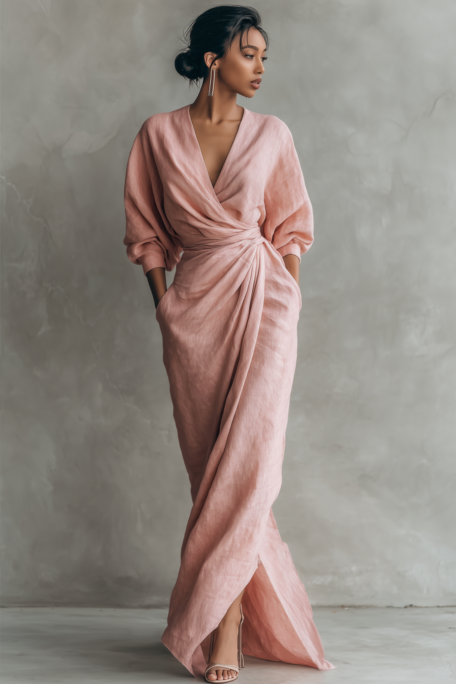 Relaxed V Neck Linen Maxi Dress
