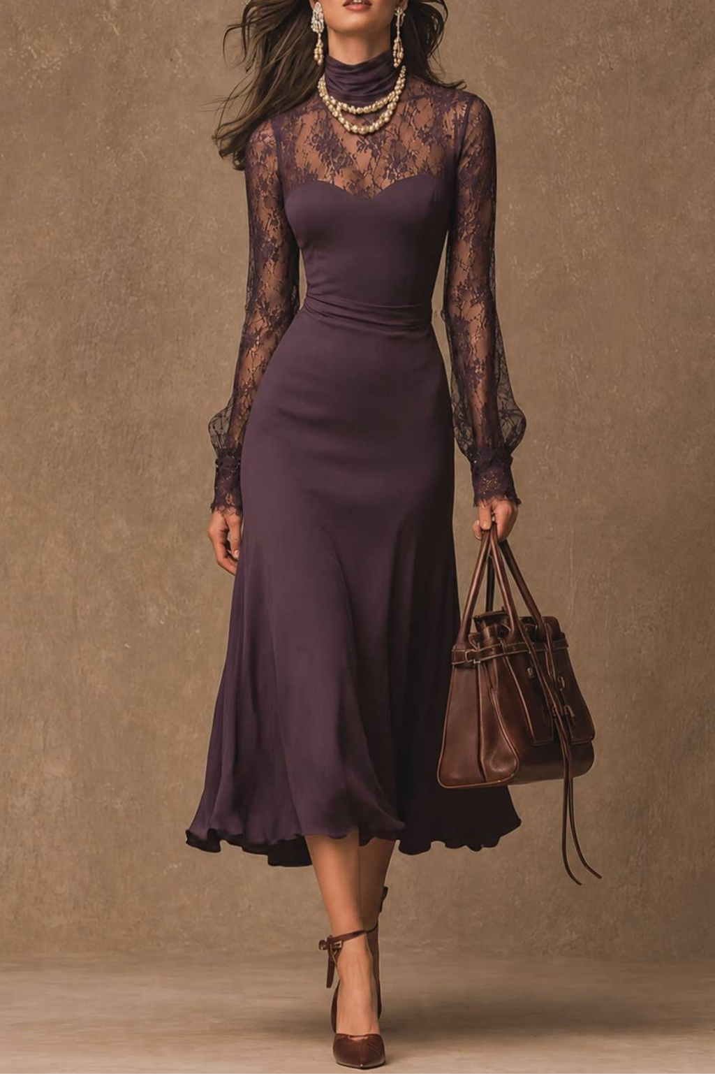 Lace Mock Neck Flared Midi Dress