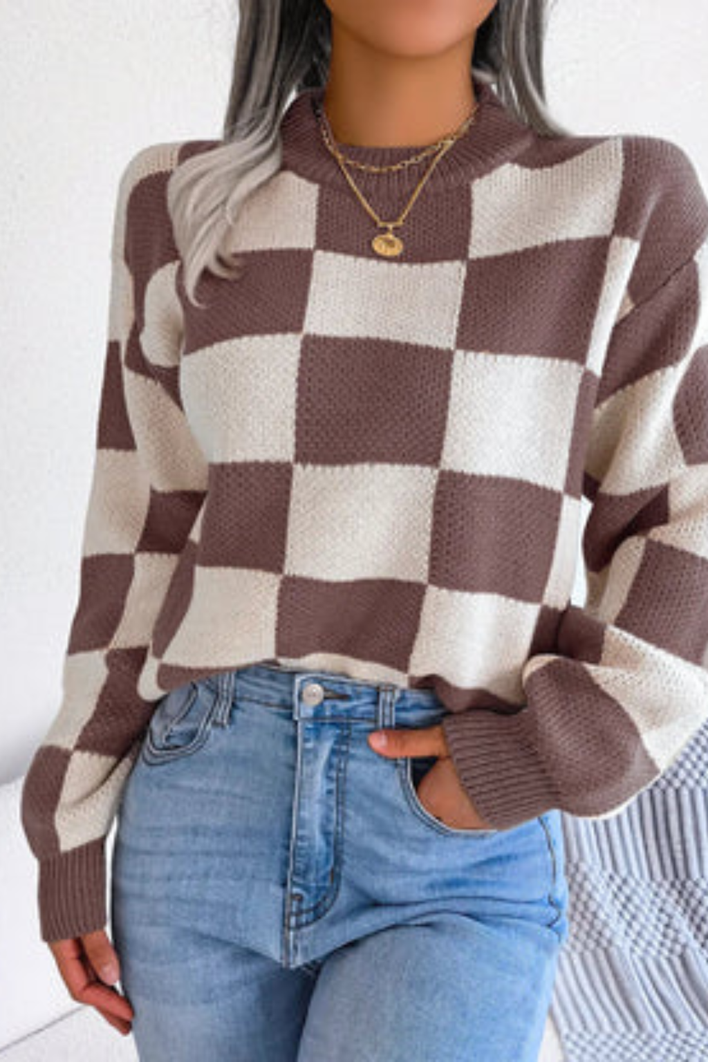Women's Checkered Knit Pullover Sweater