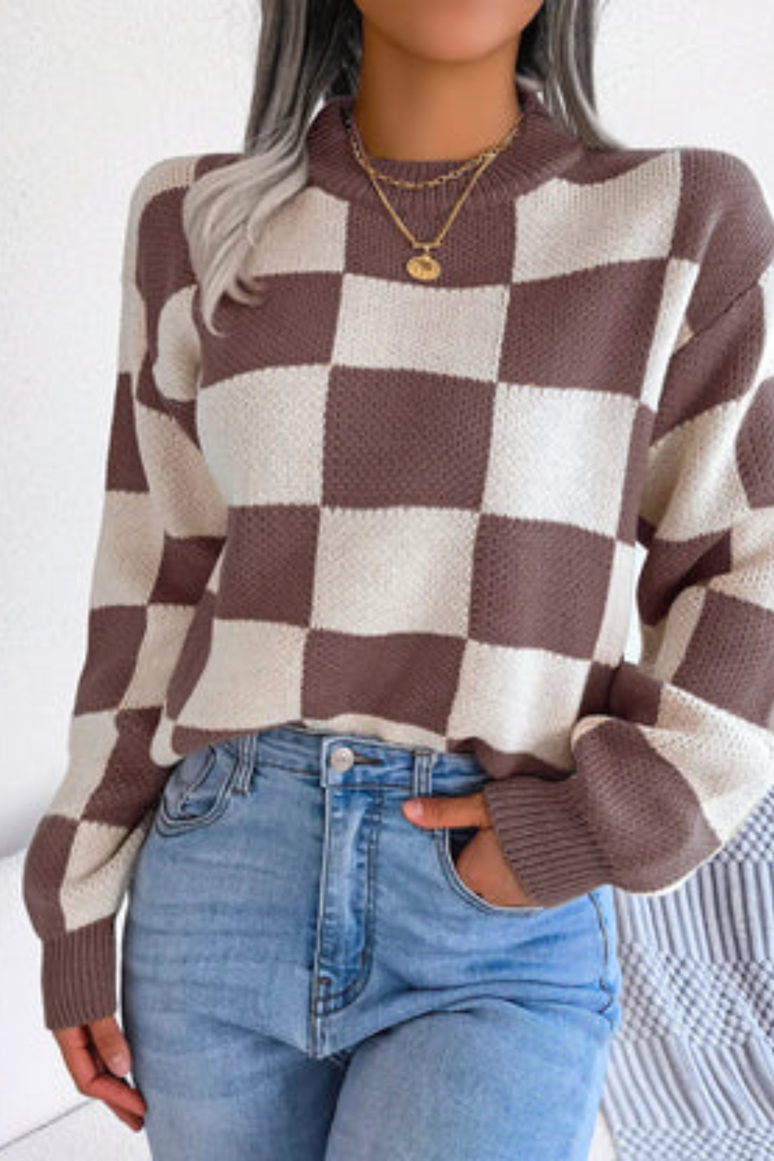 Women's Checkered Knit Pullover Sweater