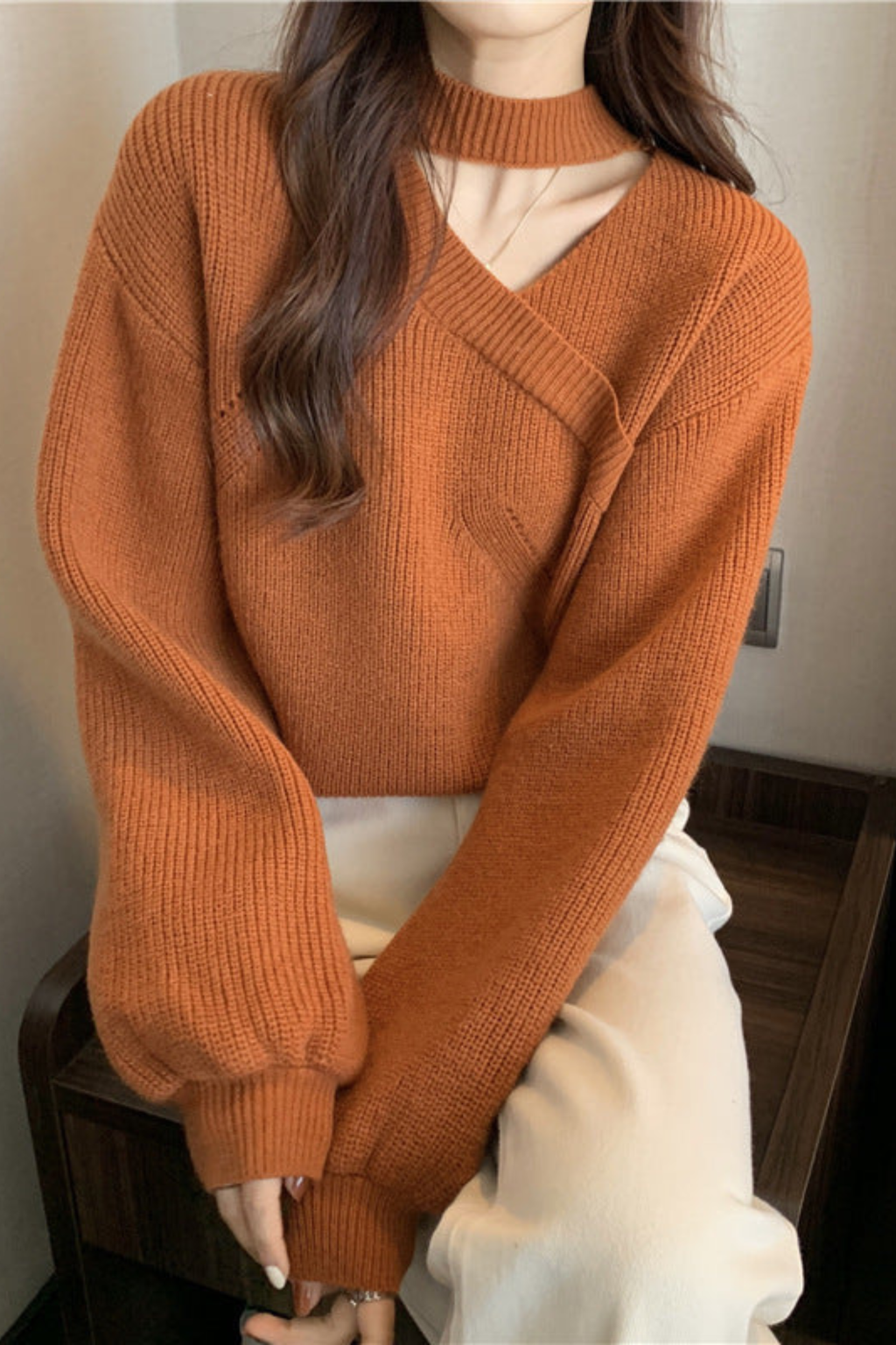 Women's V-Neck Choker Knit Sweater