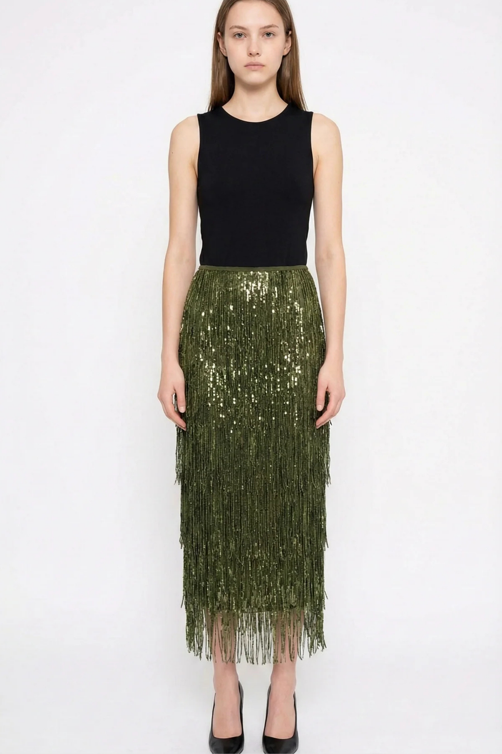 Layered Sequin Tassel Midi Skirt