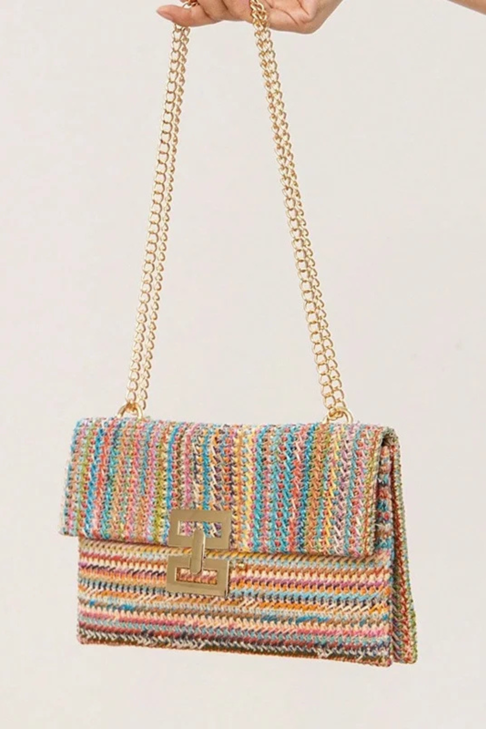 Seaside Luxe Straw Shoulder Bag with Chain Strap