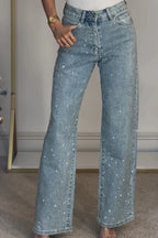 High-Waisted Diamanté Straight-Leg Jeans