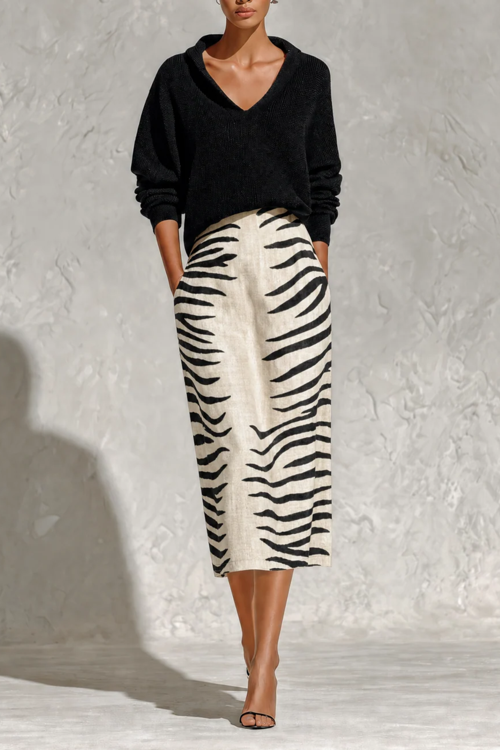 Zebra Print Skirt Contrast Collar Two-Piece Set