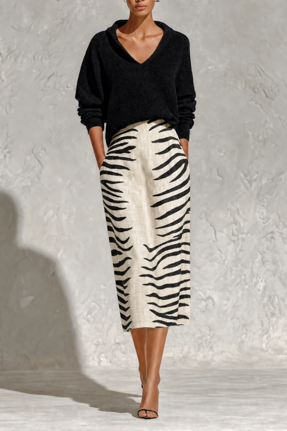 Zebra Print Skirt Contrast Collar Two-Piece Set