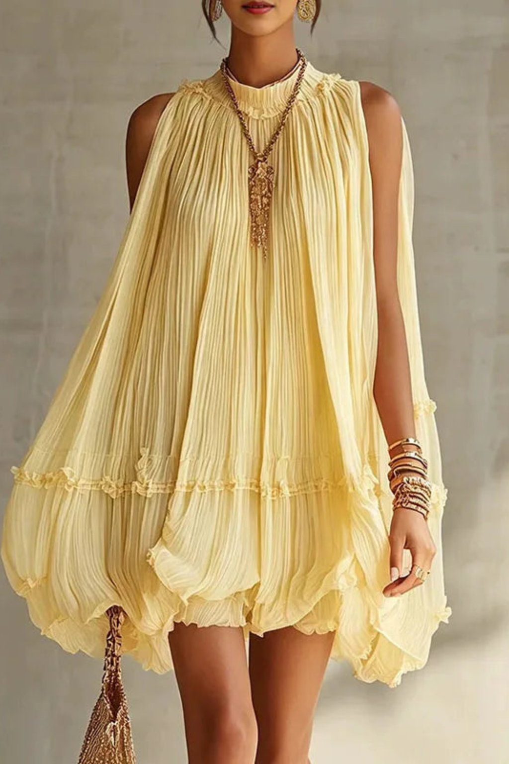 Sunlit Whisper Pleated Mini Dress