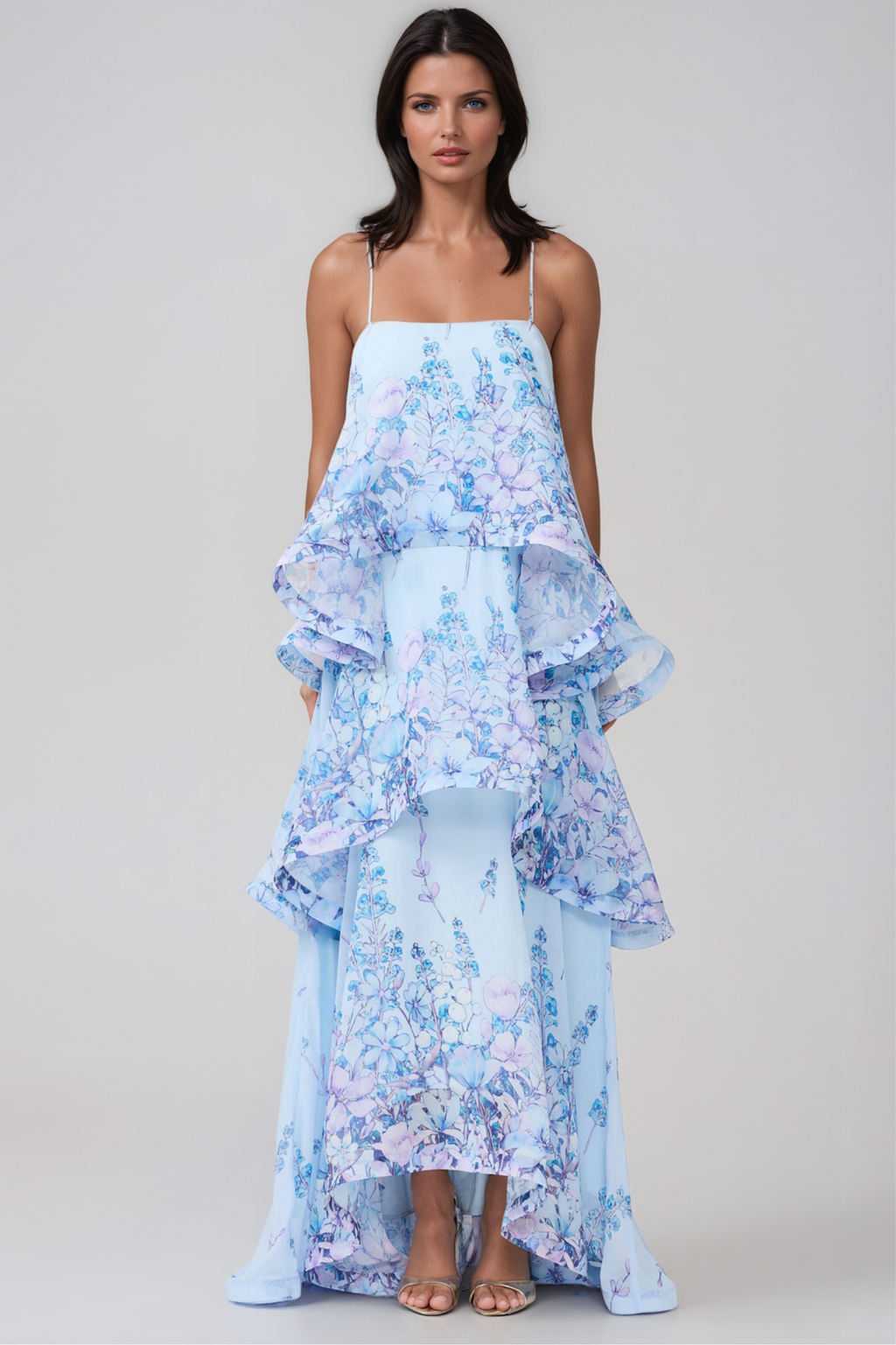 Blue Floral Tiered Ruffle Maxi Dress