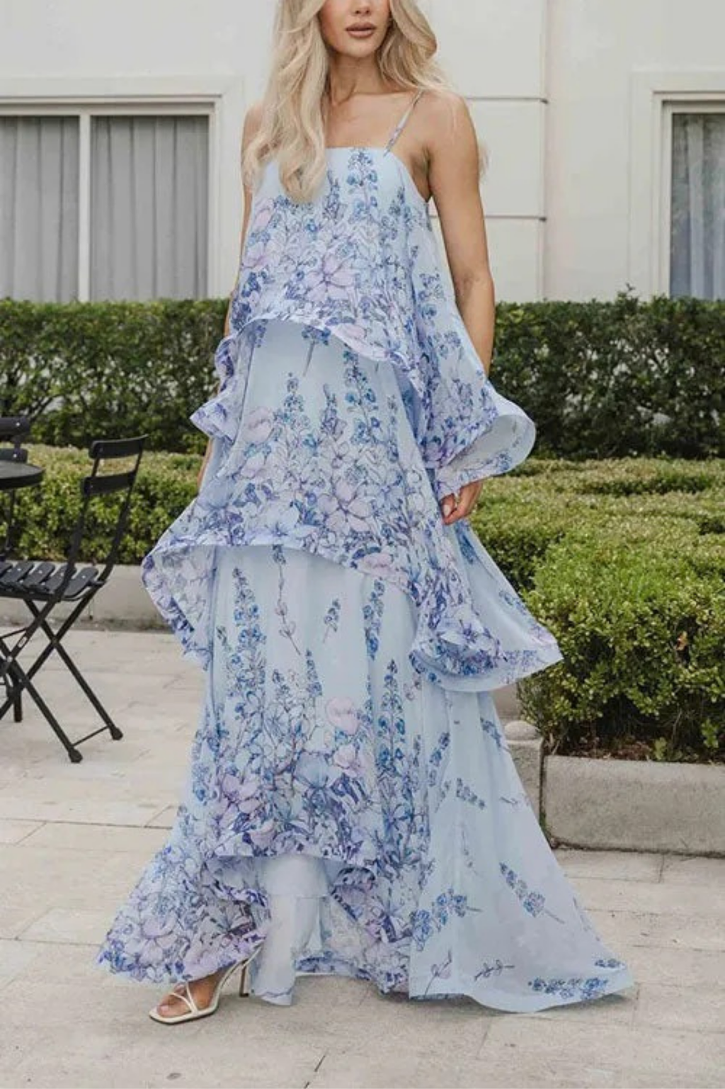 Blue Floral Tiered Ruffle Maxi Dress
