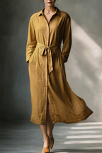 Belted Linen Blend Midi Shirt Dress