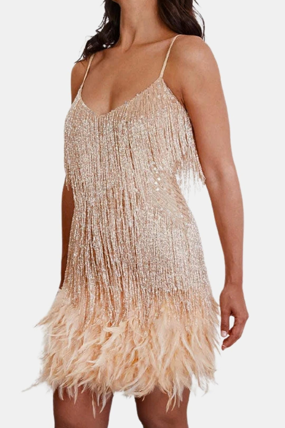 Sequin Fringe Feather Cocktail Dress