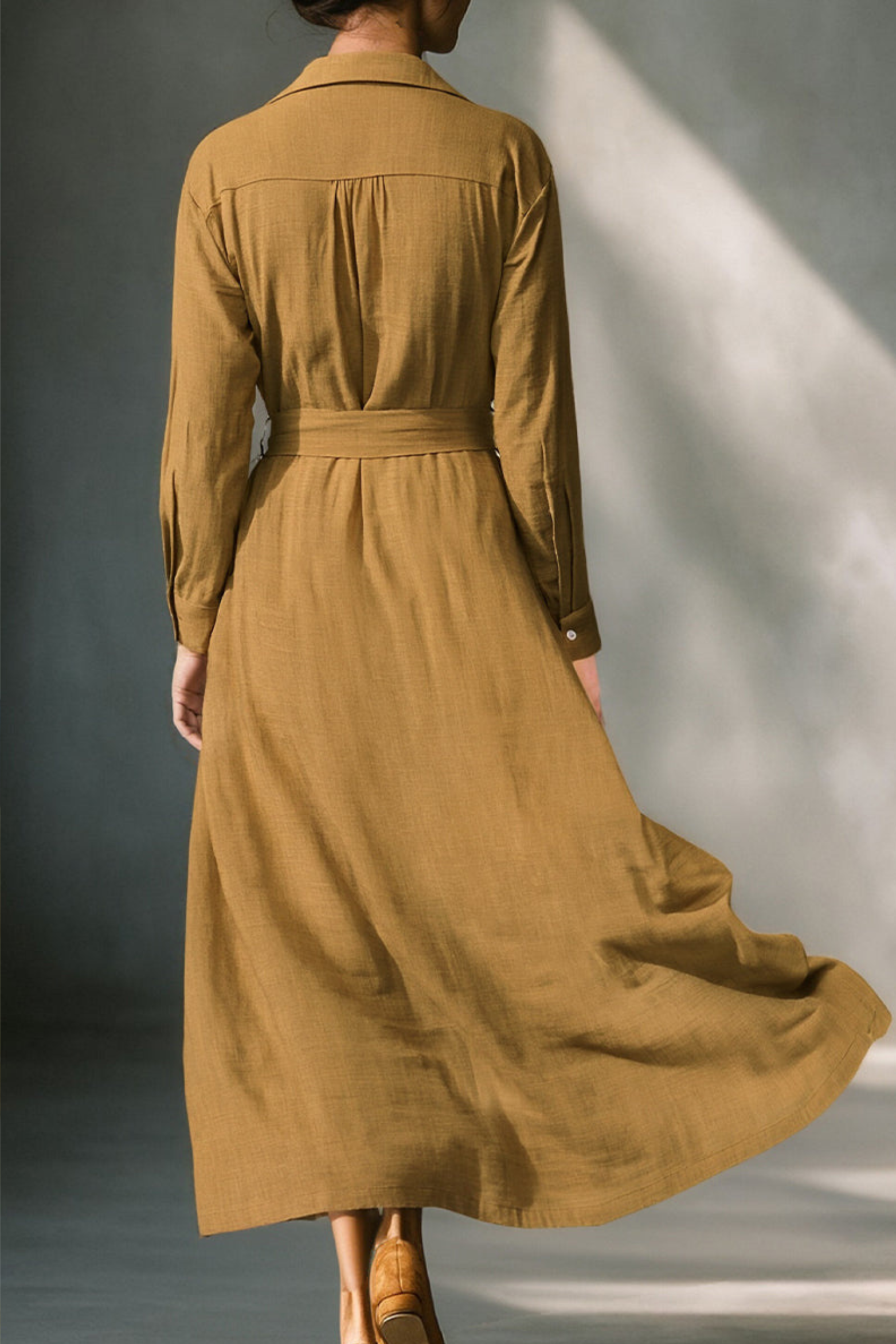 Belted Linen Blend Midi Shirt Dress