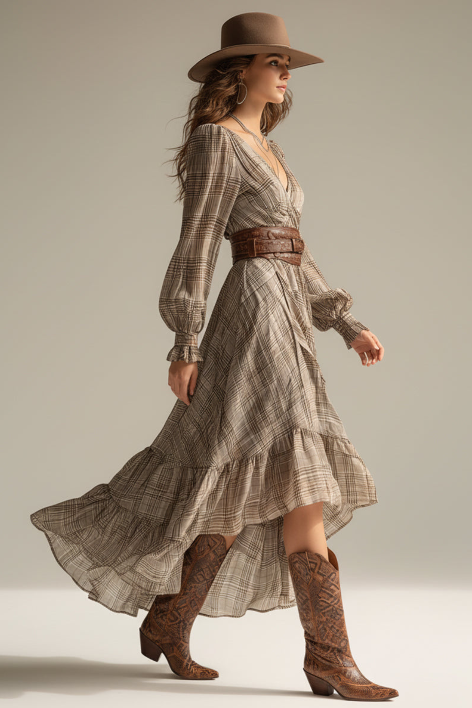 Plaid Chiffon Midi Dress