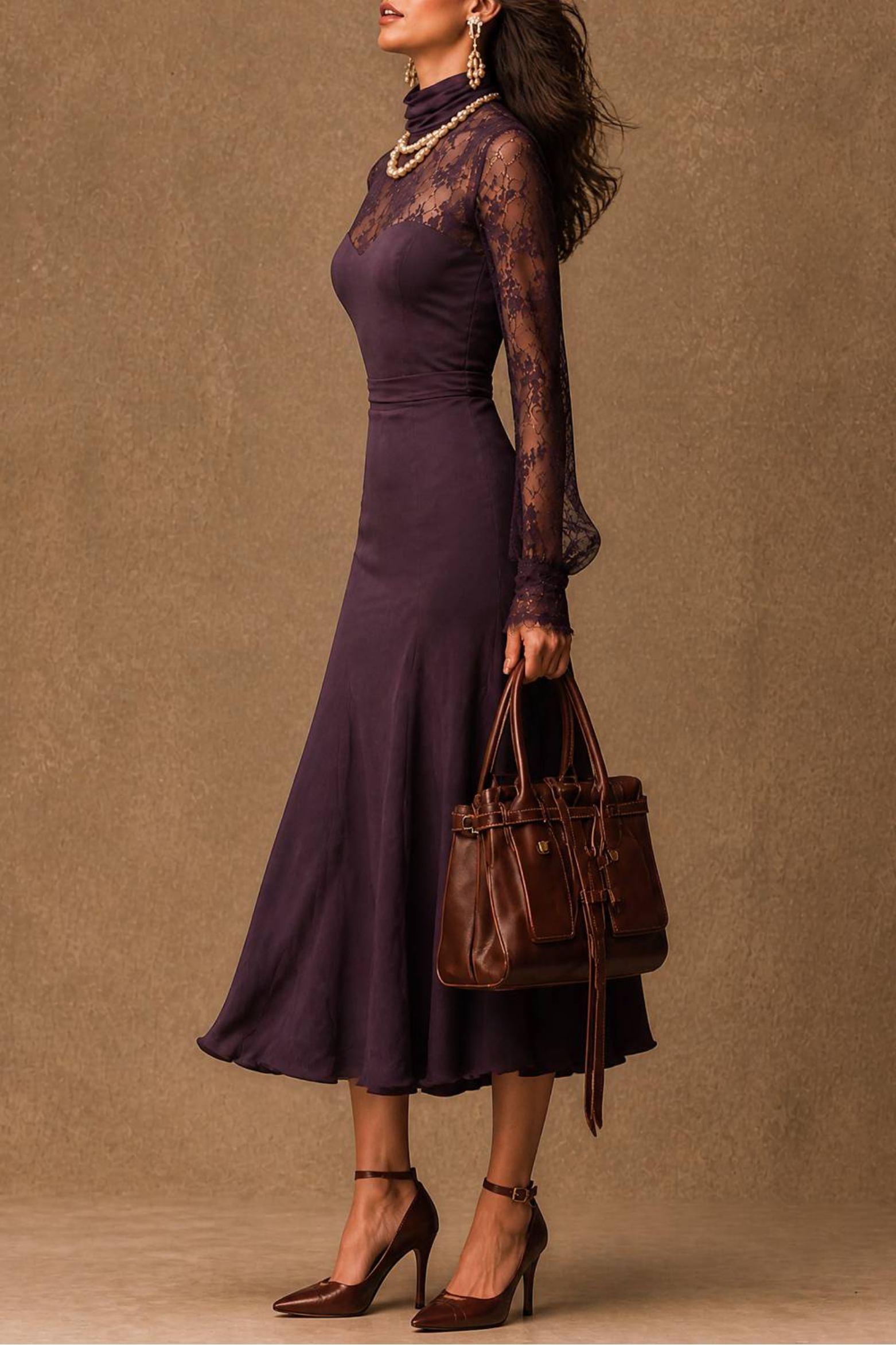 Lace Mock Neck Flared Midi Dress