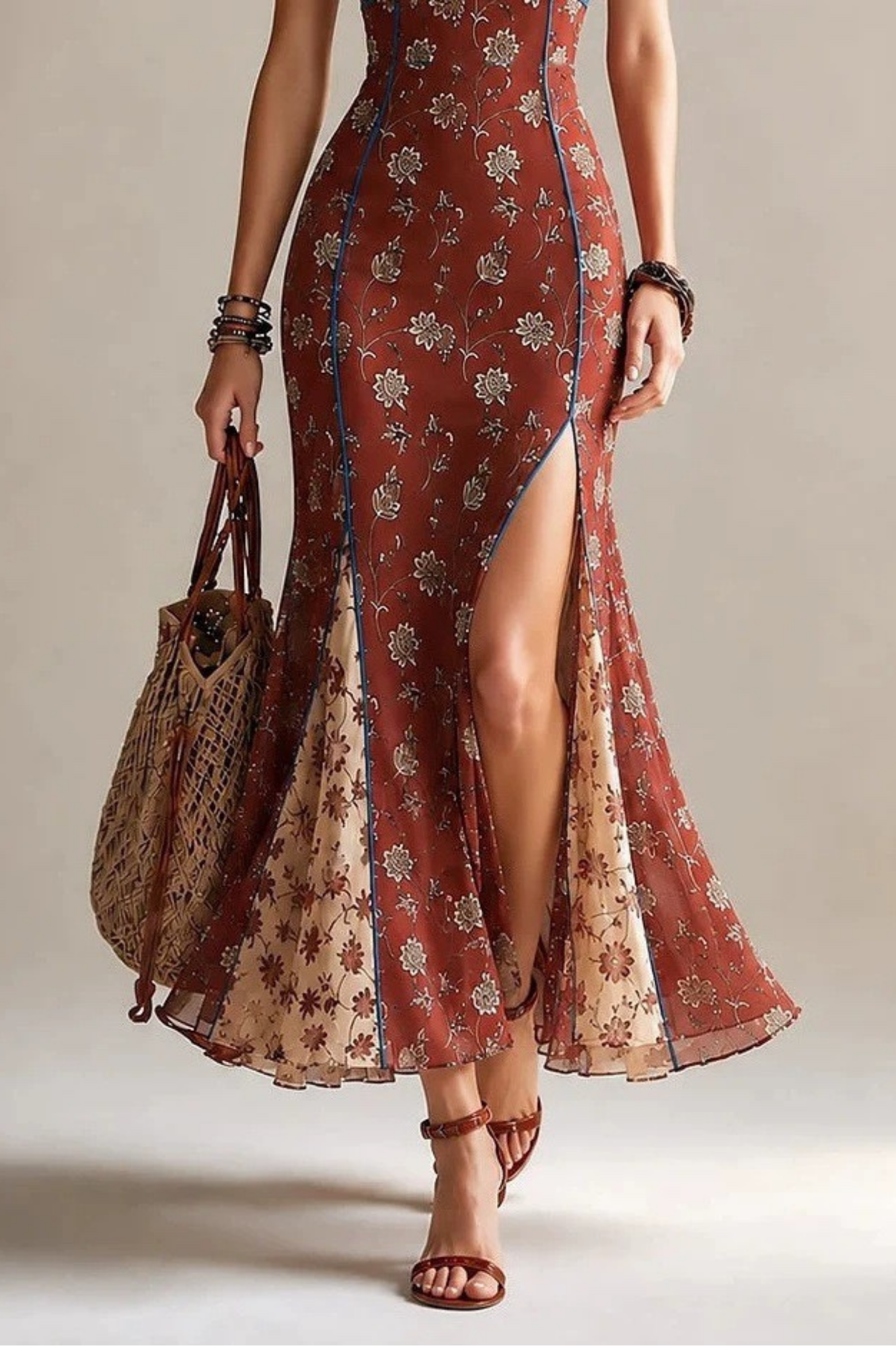 Rust Floral Bohemian Slit Maxi Dress