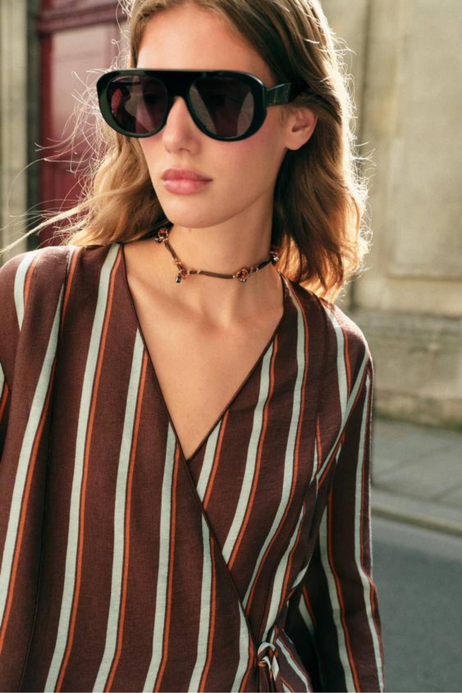 Striped Wrap Top Wide Leg Pants Set