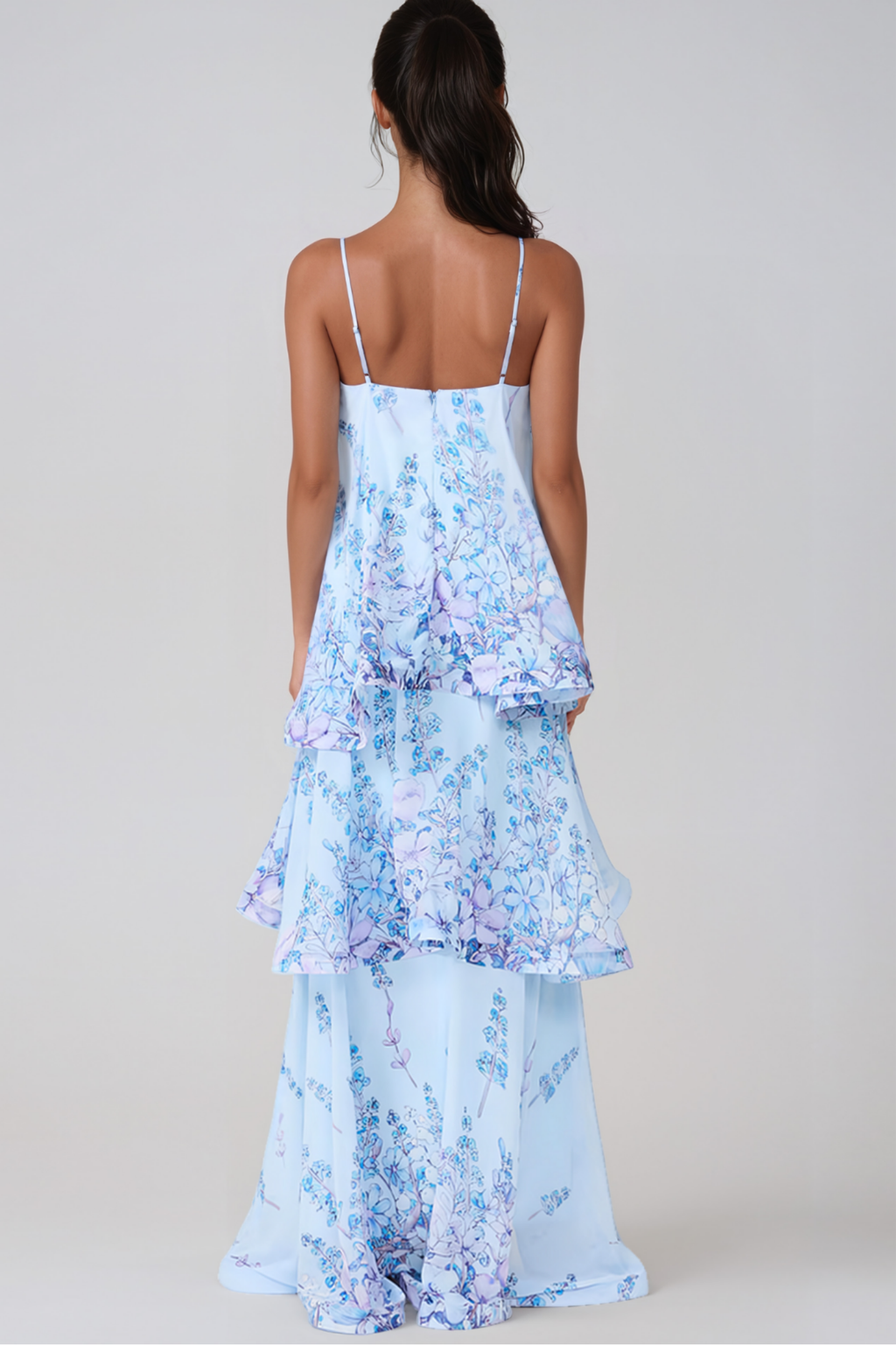 Blue Floral Tiered Ruffle Maxi Dress
