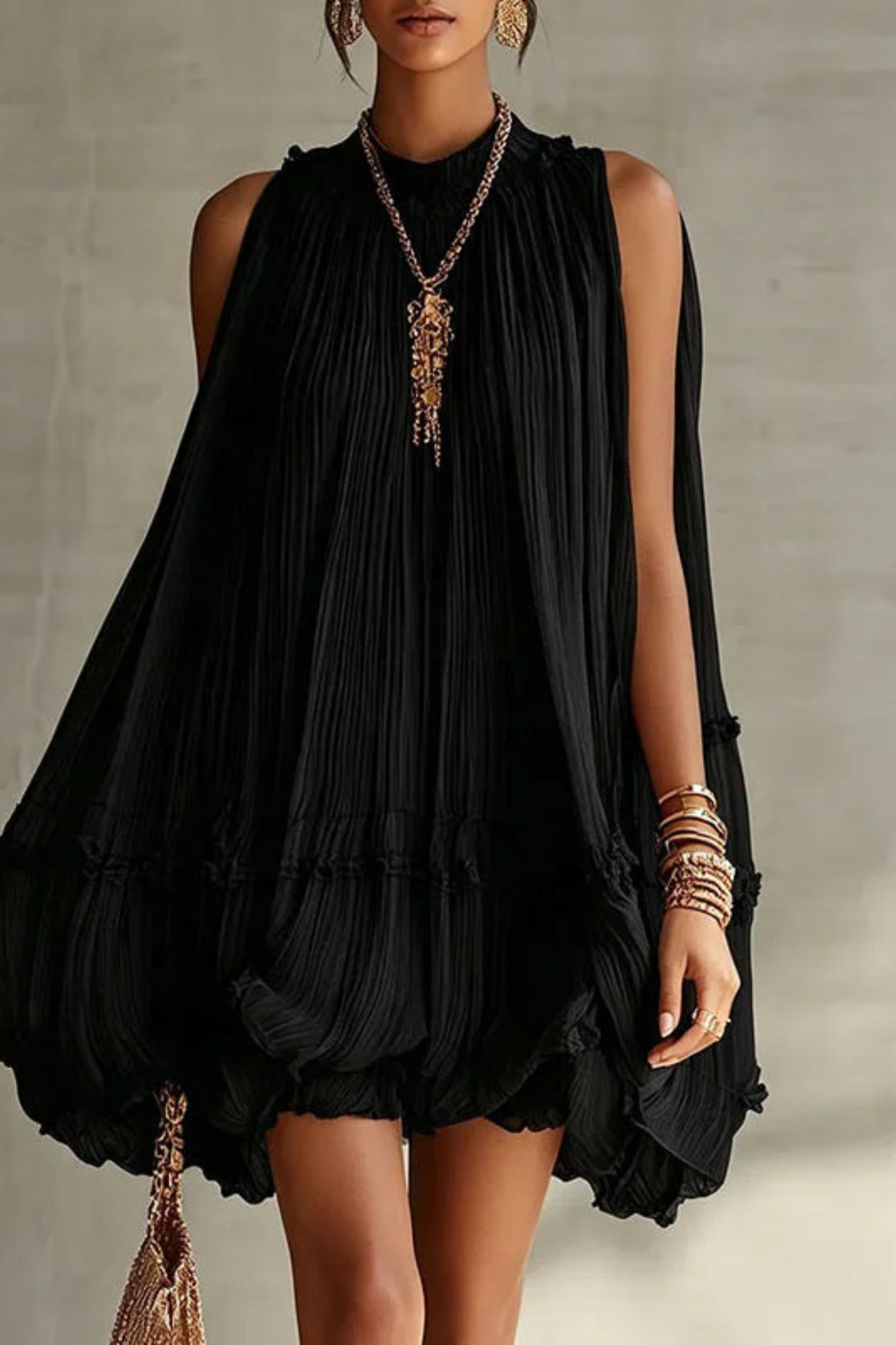 Sunlit Whisper Pleated Mini Dress