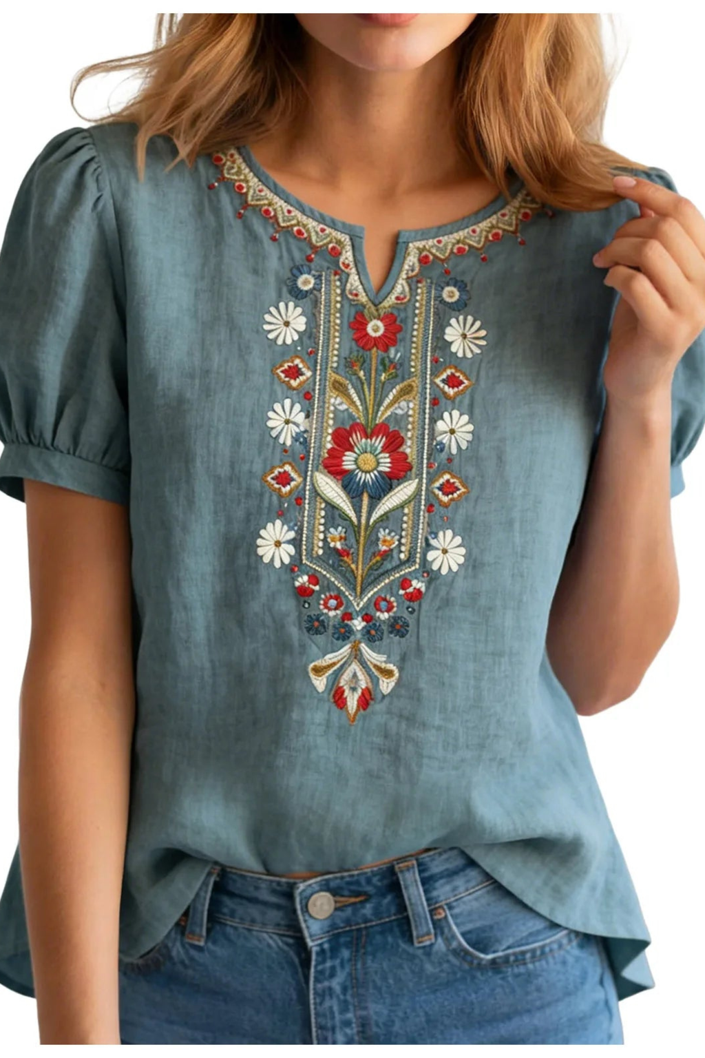 Women's Brielle Floral Embroidered Linen Blend Blouse