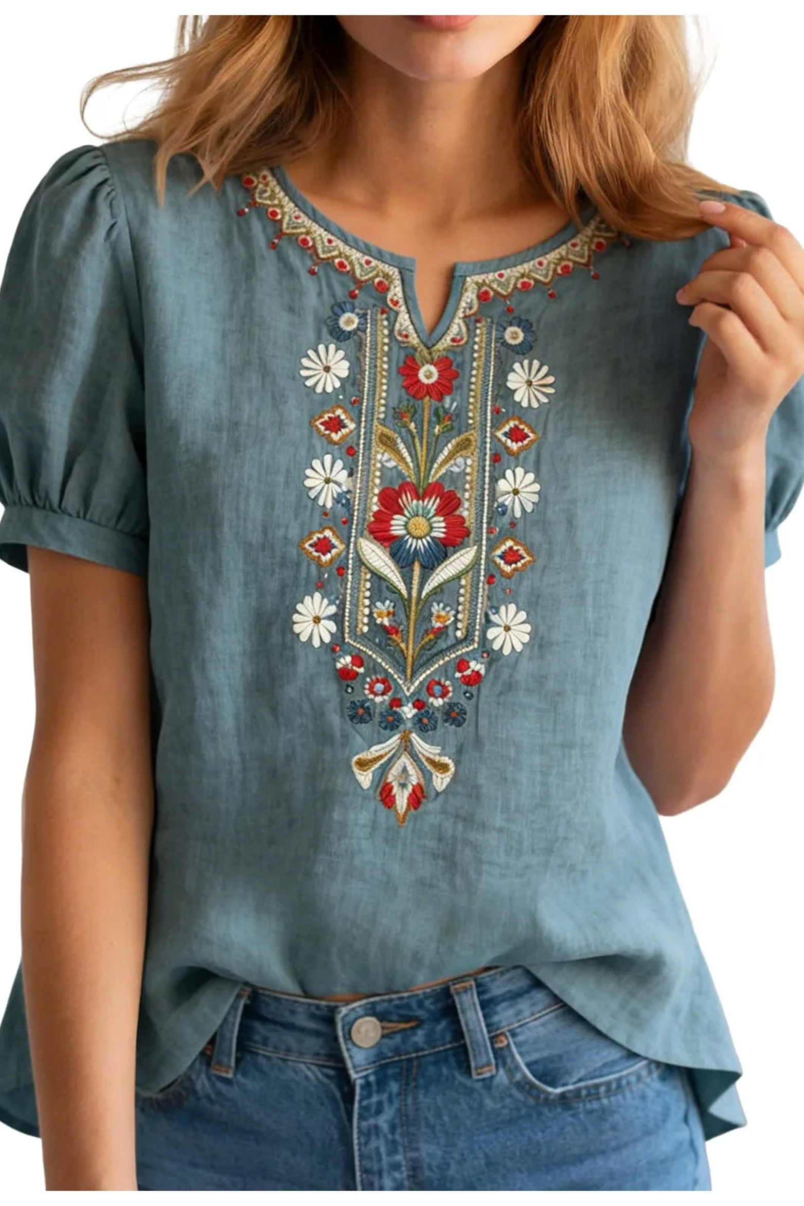 Women's Brielle Floral Embroidered Linen Blend Blouse