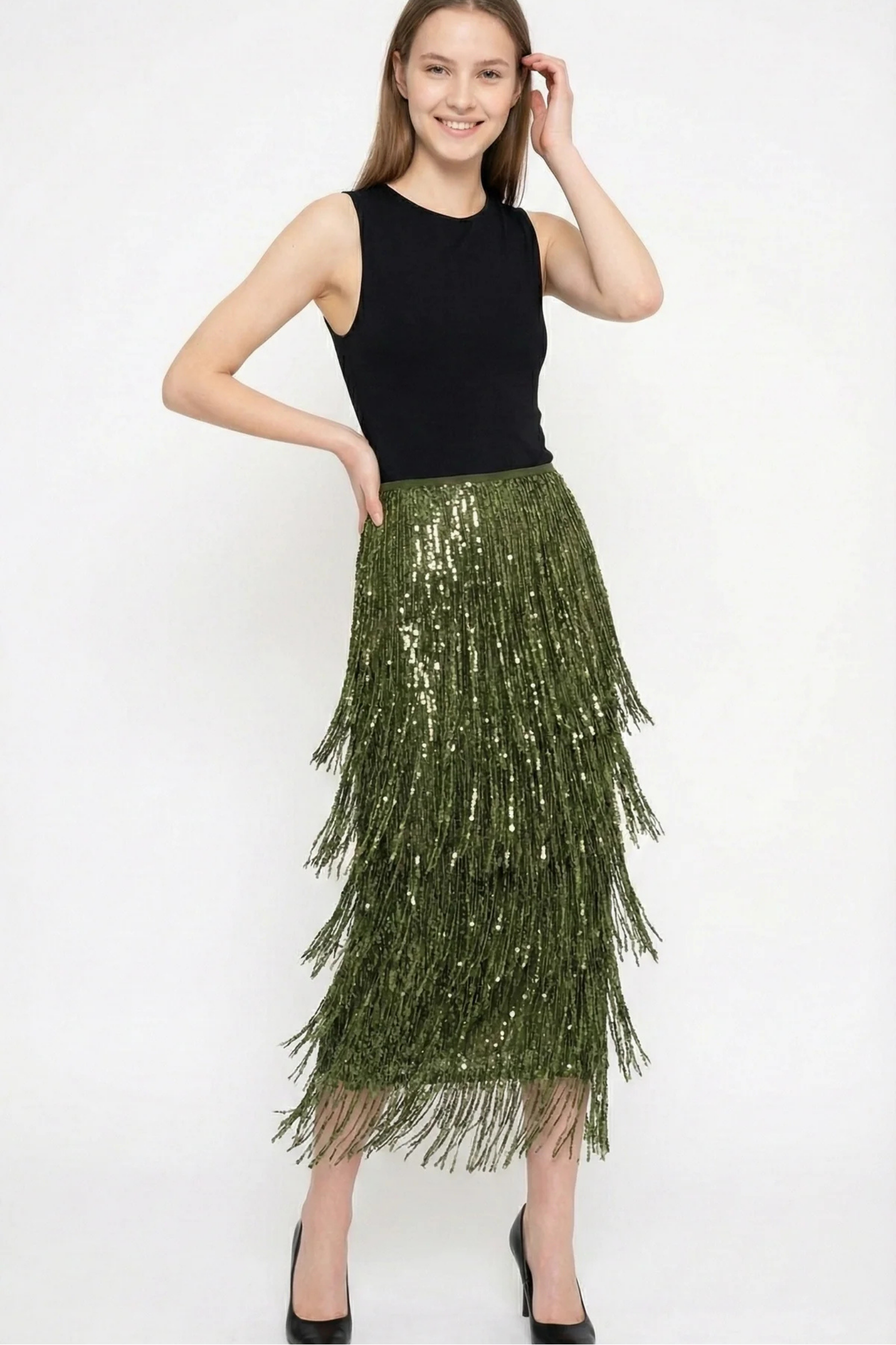 Layered Sequin Tassel Midi Skirt