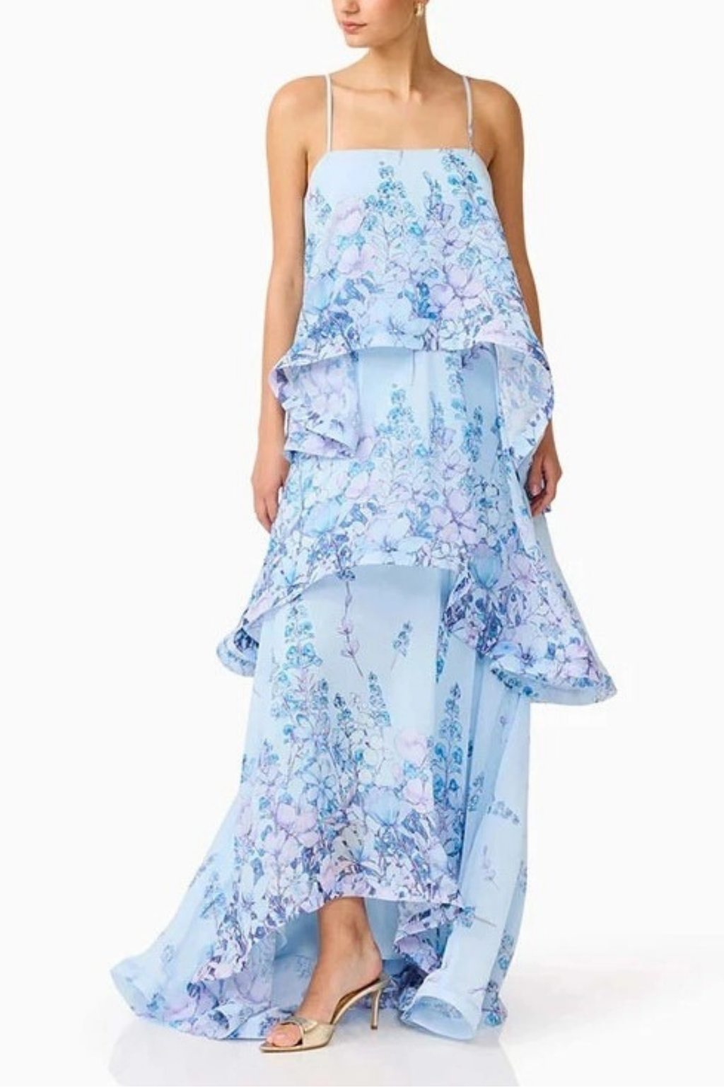 Blue Floral Tiered Ruffle Maxi Dress