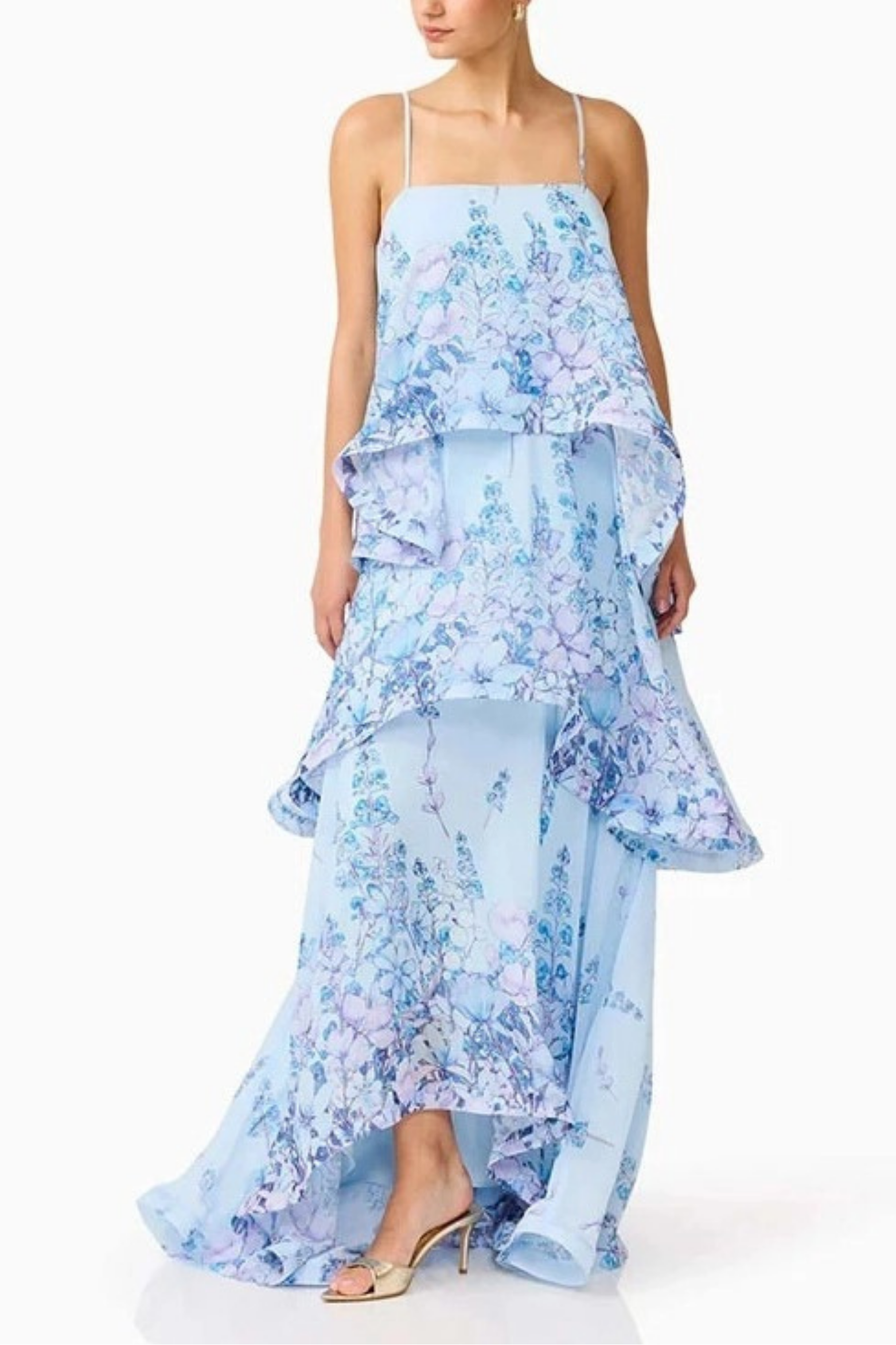 Blue Floral Tiered Ruffle Maxi Dress