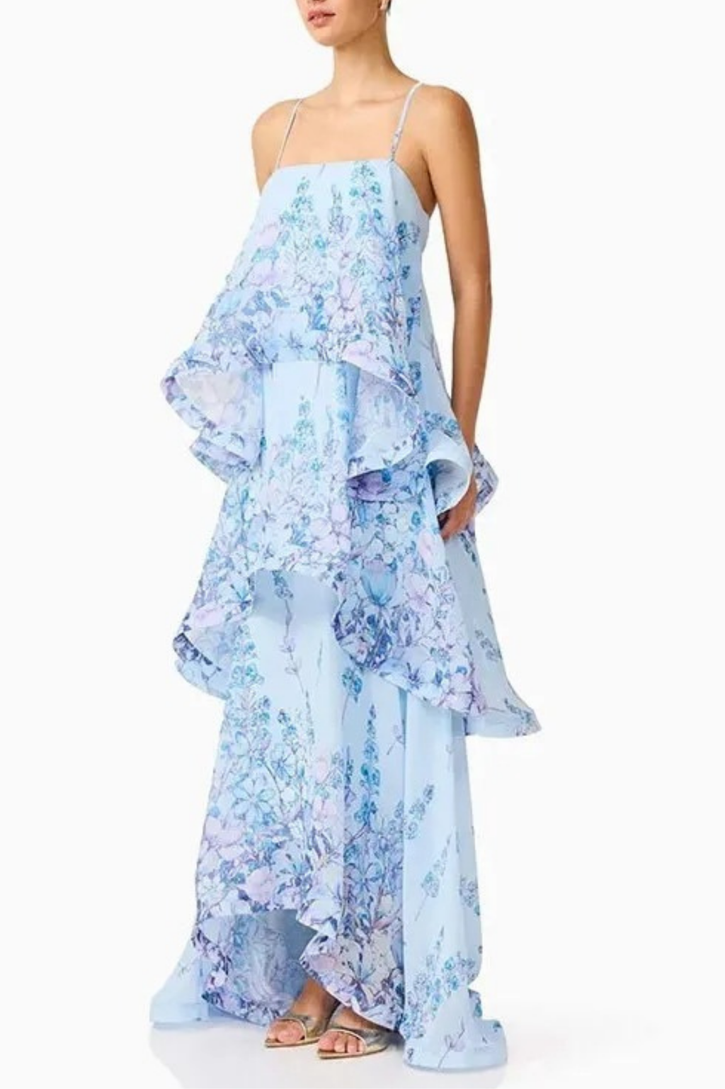 Blue Floral Tiered Ruffle Maxi Dress