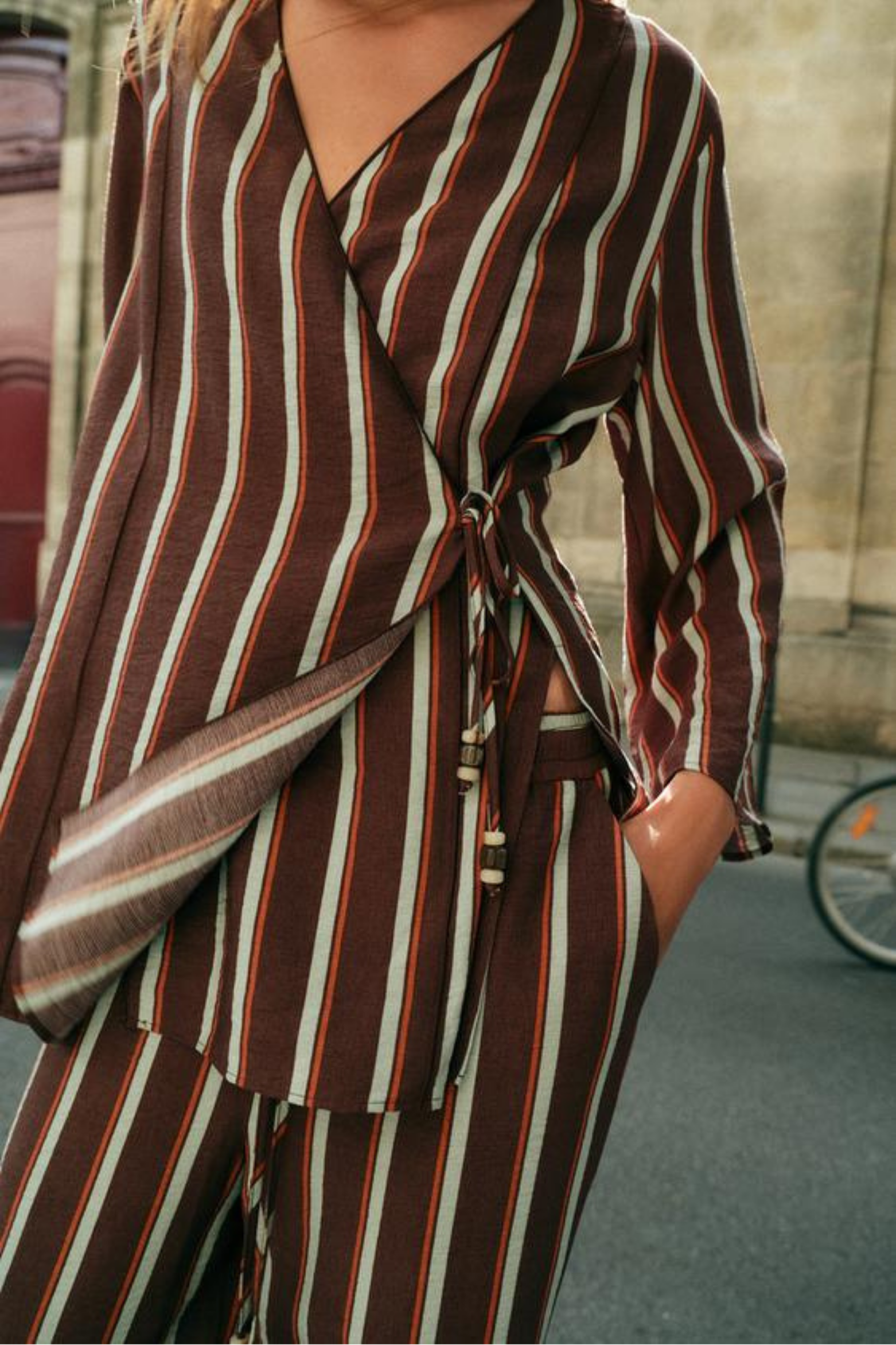 Striped Wrap Top Wide Leg Pants Set