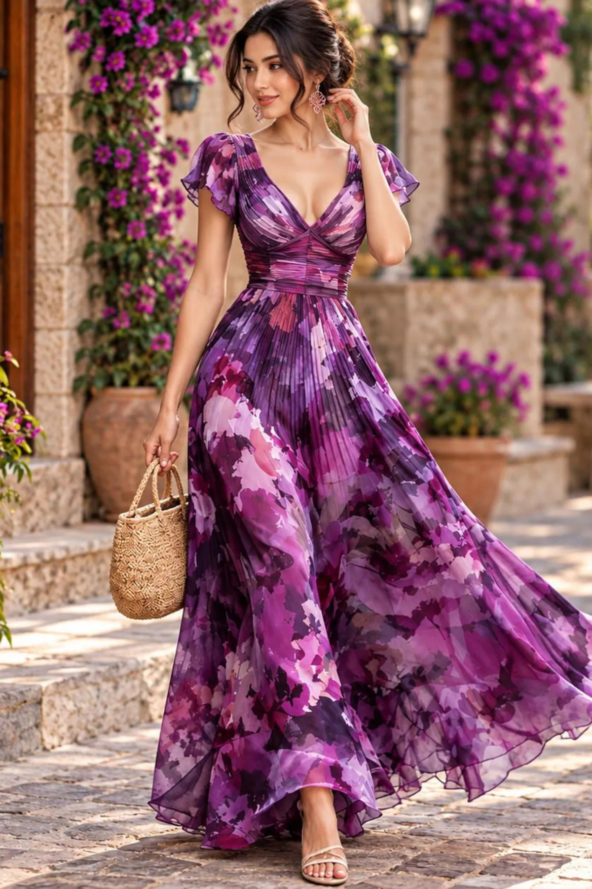 Dark Floral Pleated Maxi Dress