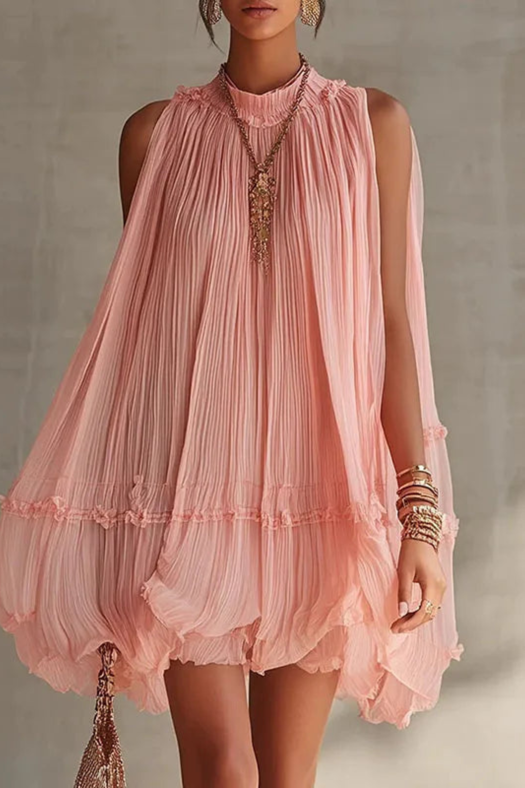 Sunlit Whisper Pleated Mini Dress