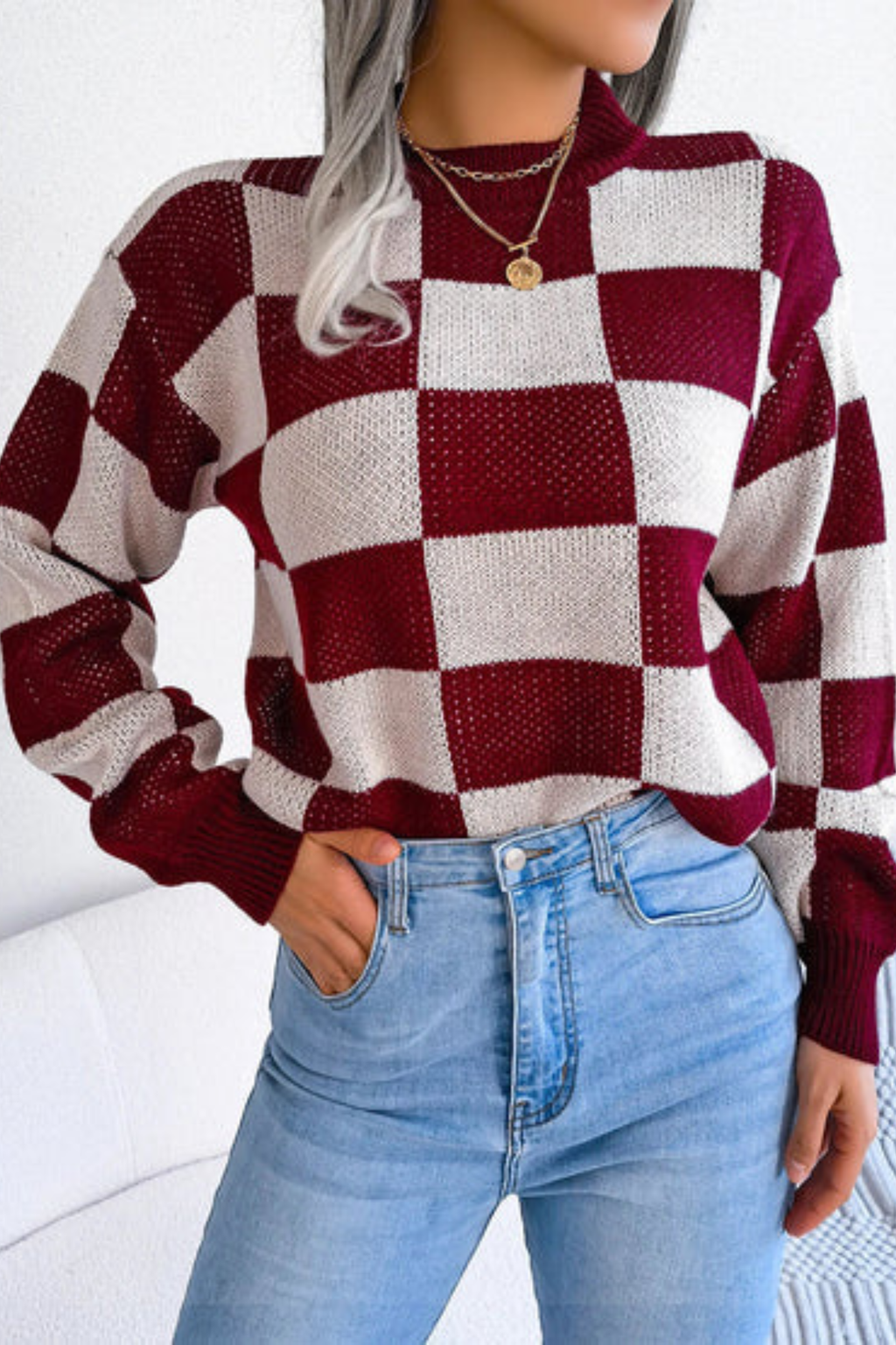 Women's Checkered Knit Pullover Sweater