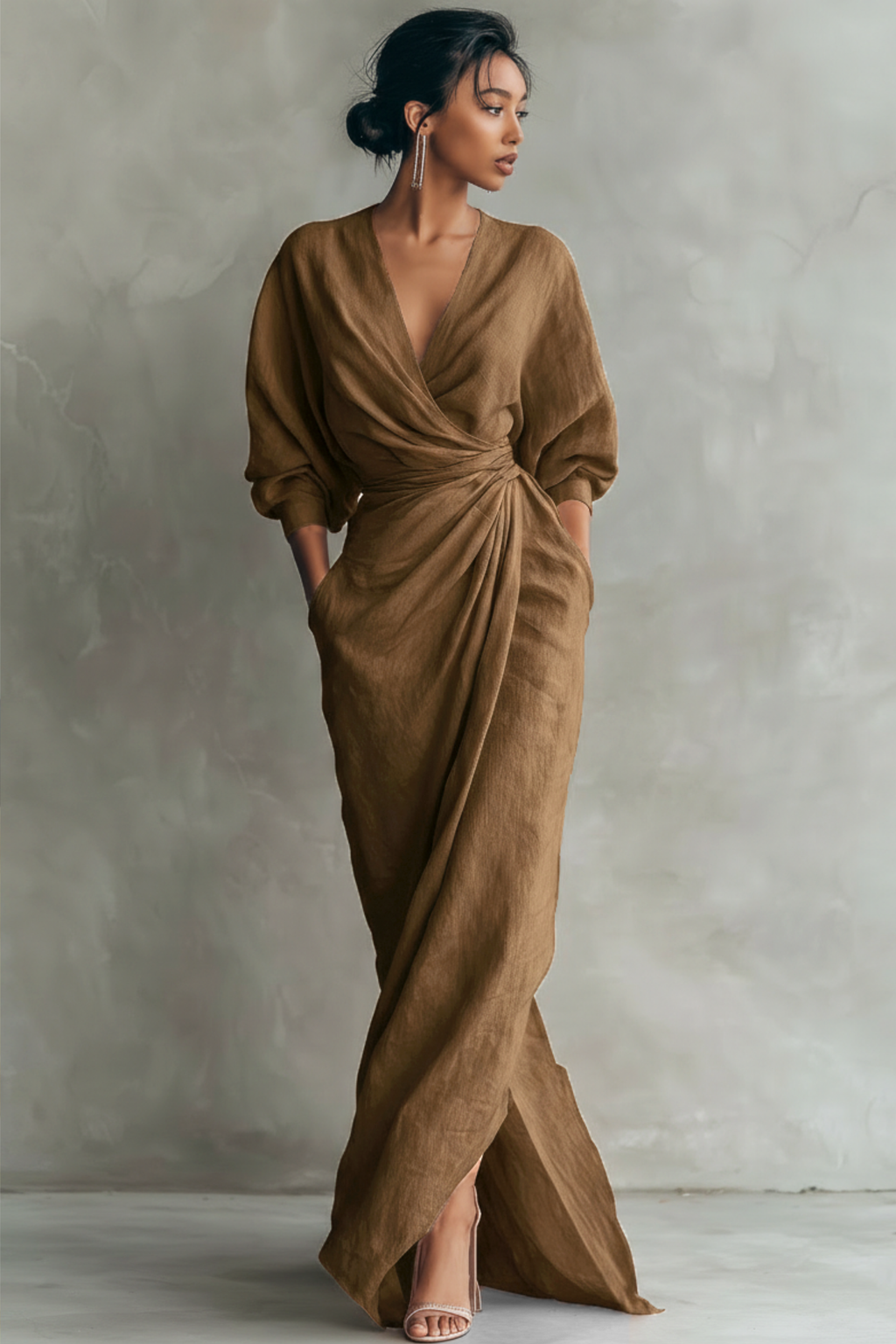 Relaxed V Neck Linen Maxi Dress