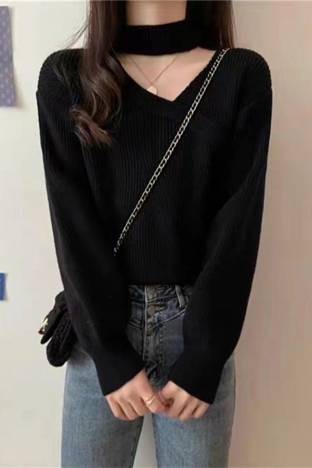 Women's V-Neck Choker Knit Sweater