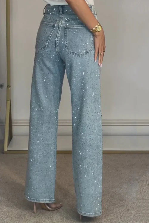 High-Waisted Diamanté Straight-Leg Jeans