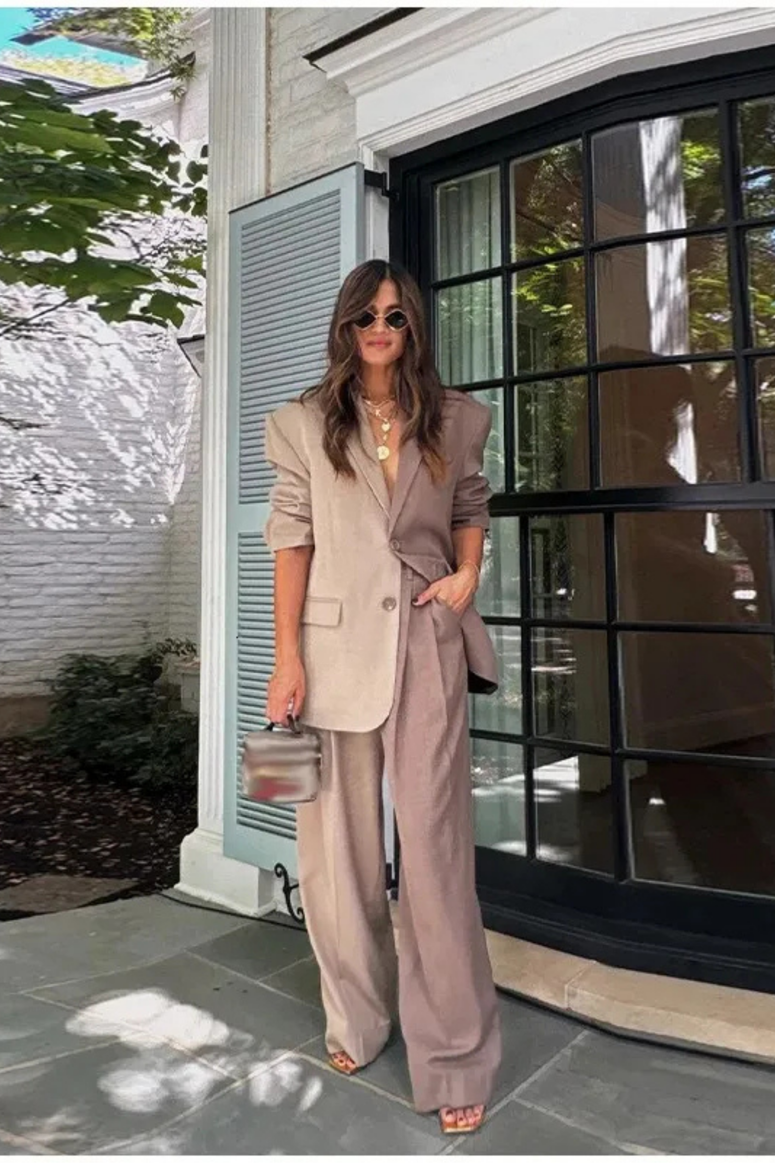 Two Tone Blazer Wide Leg Pants Set