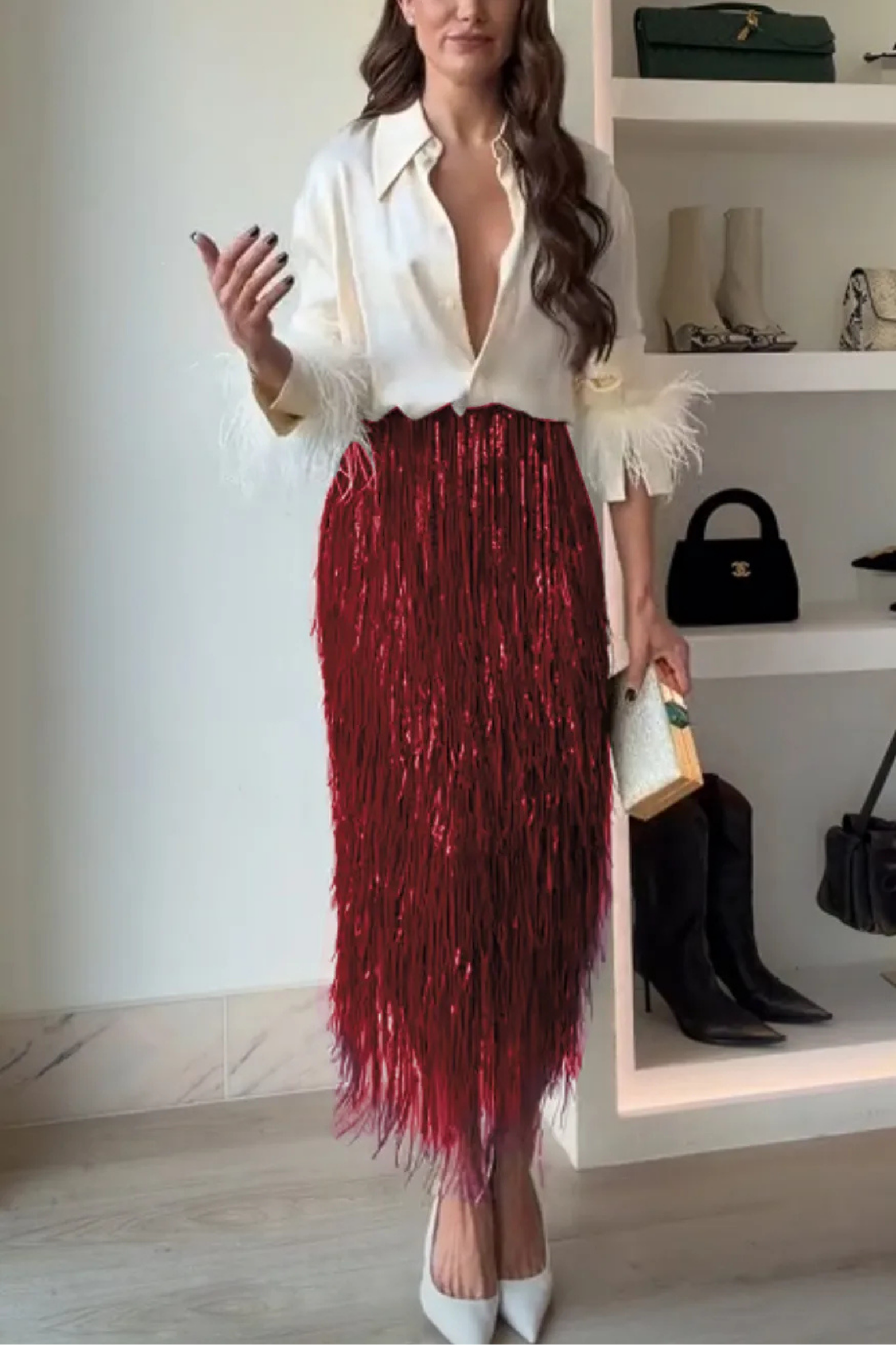 Layered Sequin Tassel Midi Skirt