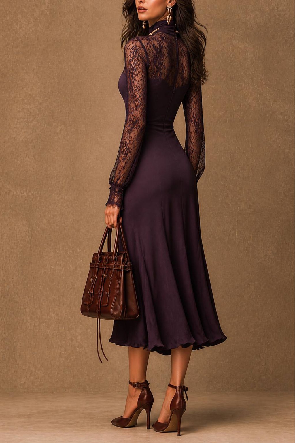 Lace Mock Neck Flared Midi Dress