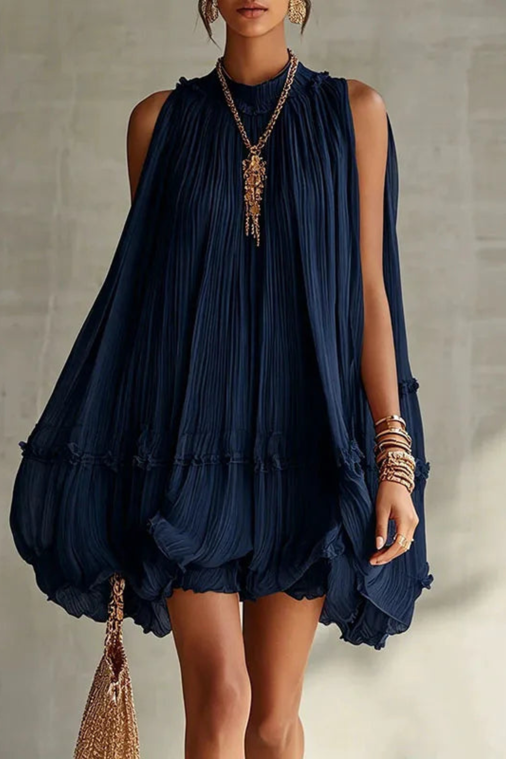 Sunlit Whisper Pleated Mini Dress