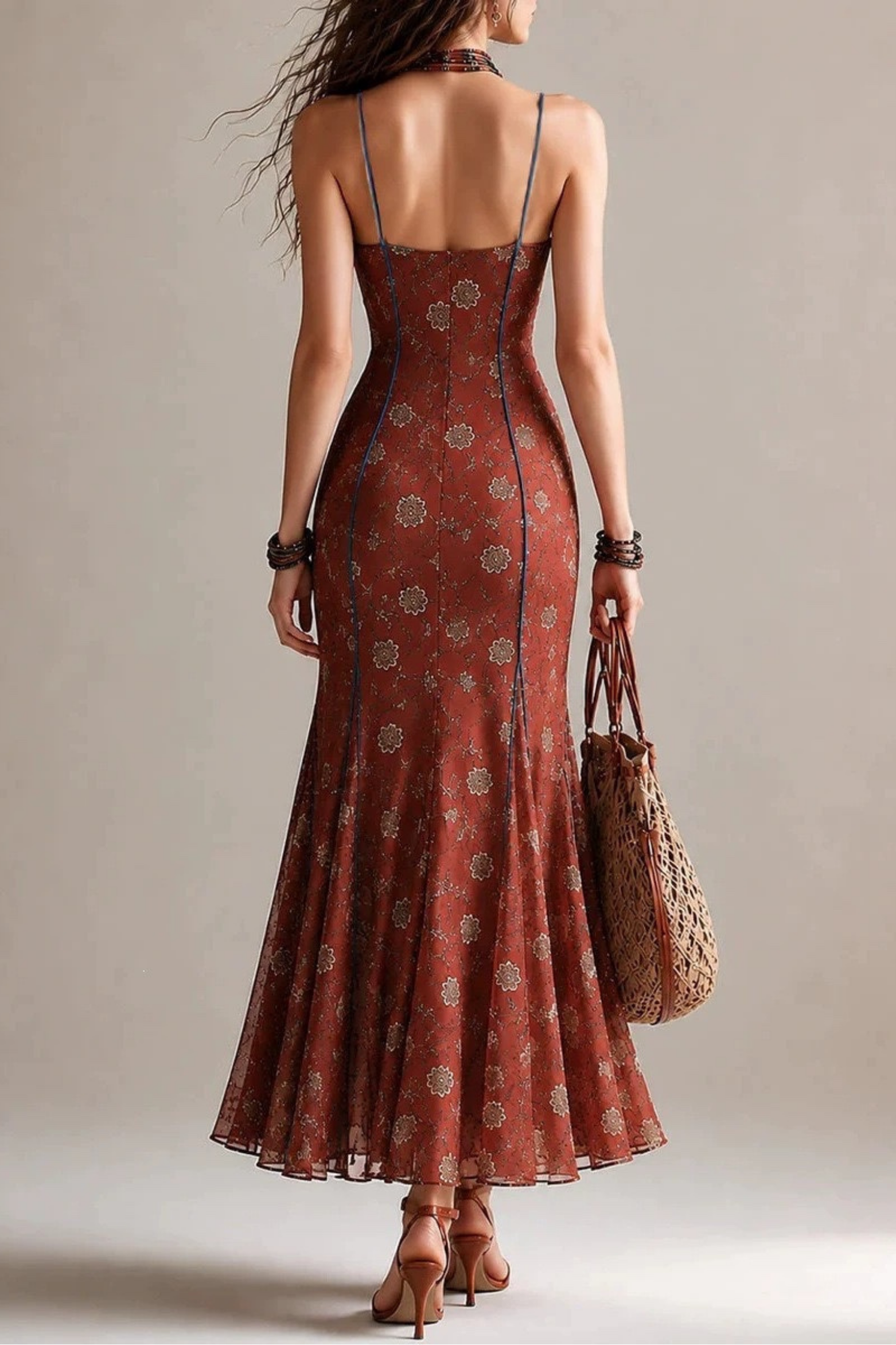 Rust Floral Bohemian Slit Maxi Dress