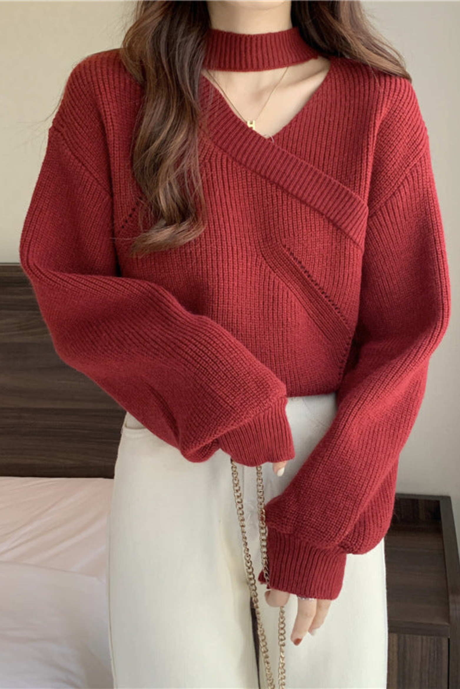 Women's V-Neck Choker Knit Sweater
