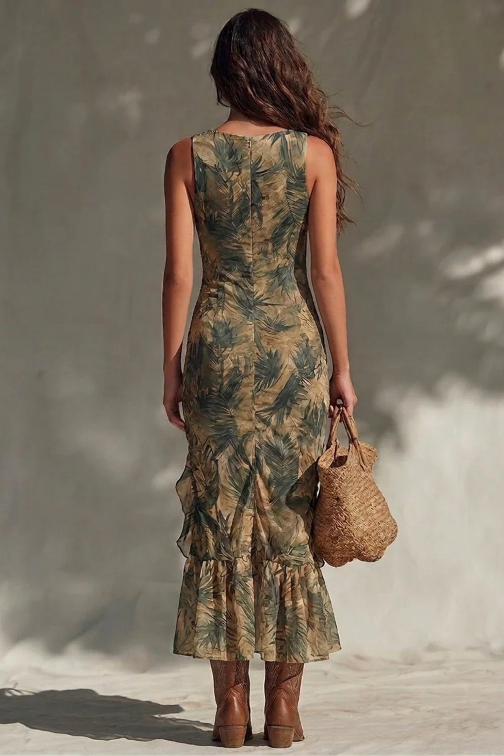 Tropical Ruffle Trim Slit Midi Dress