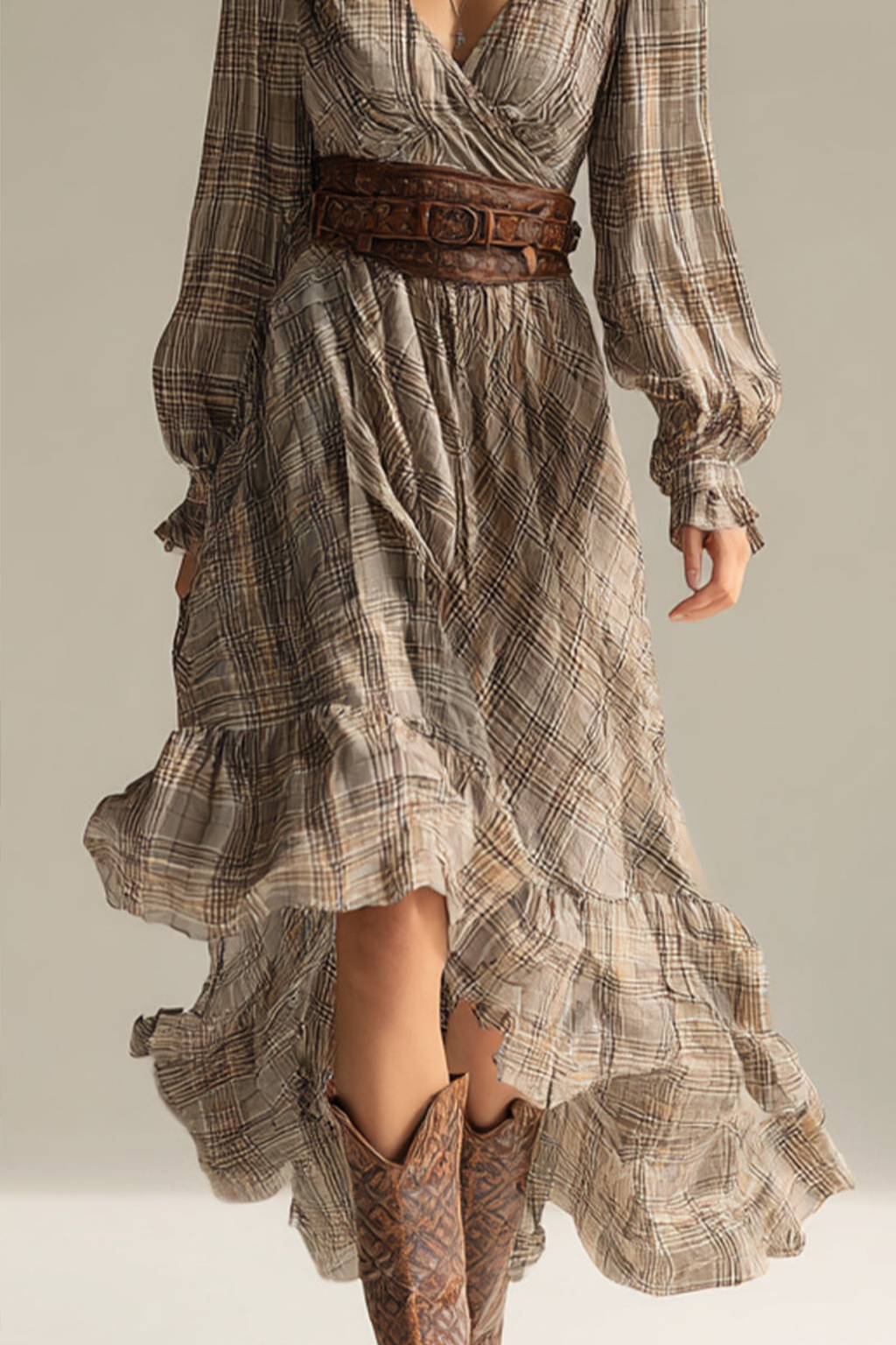 Plaid Chiffon Midi Dress